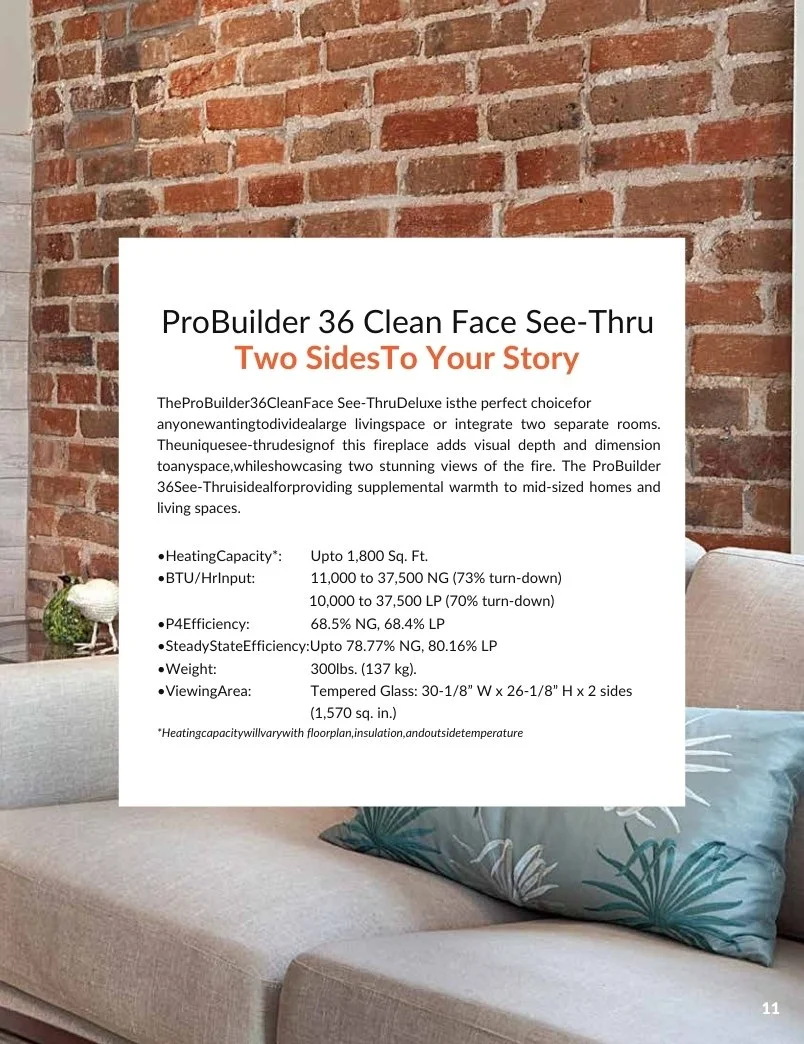 specifications for probuilder 36 clean face see-thru gas fireplace