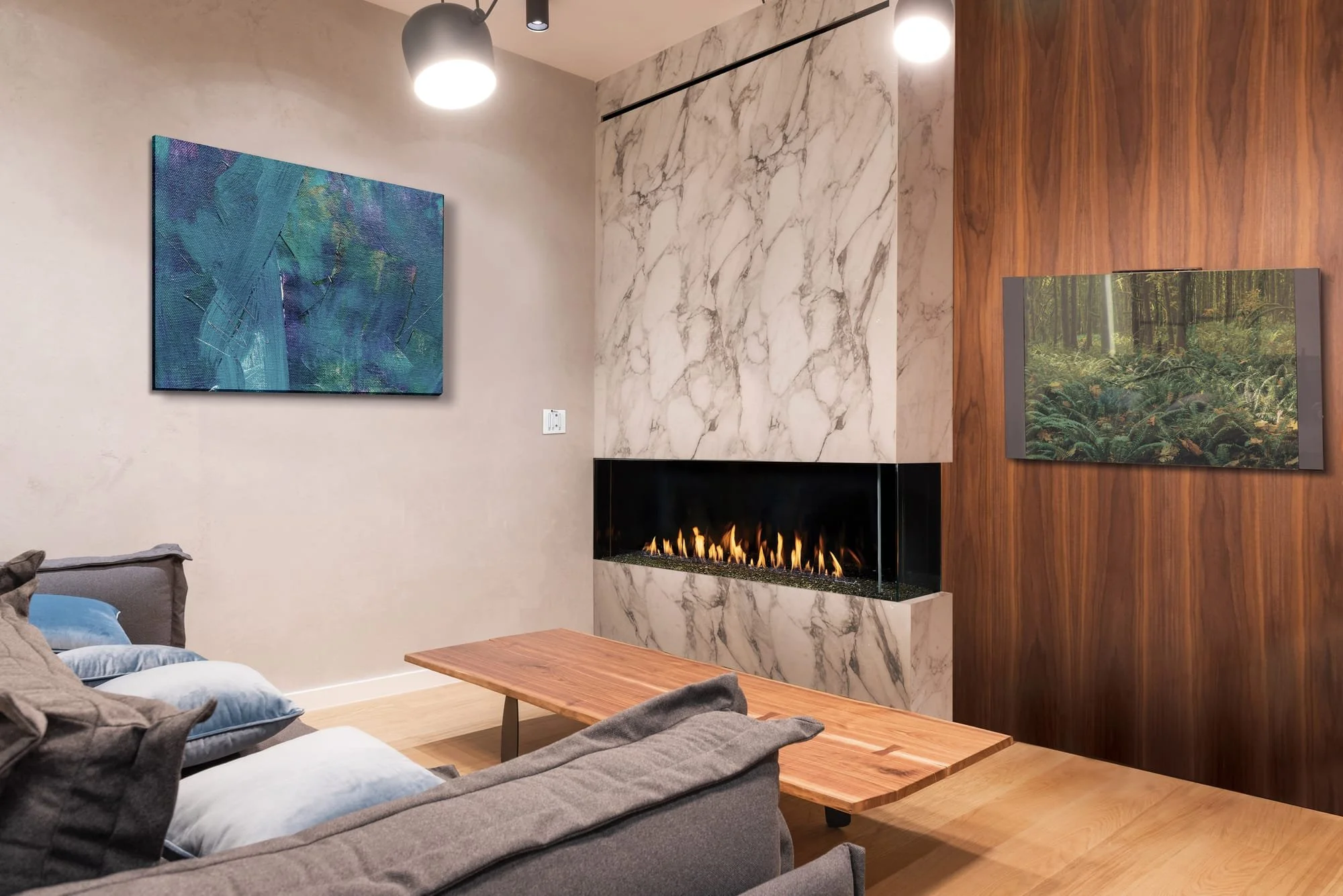 DaVinci Firenze right-corner gas fireplace in a marble and walnut wall