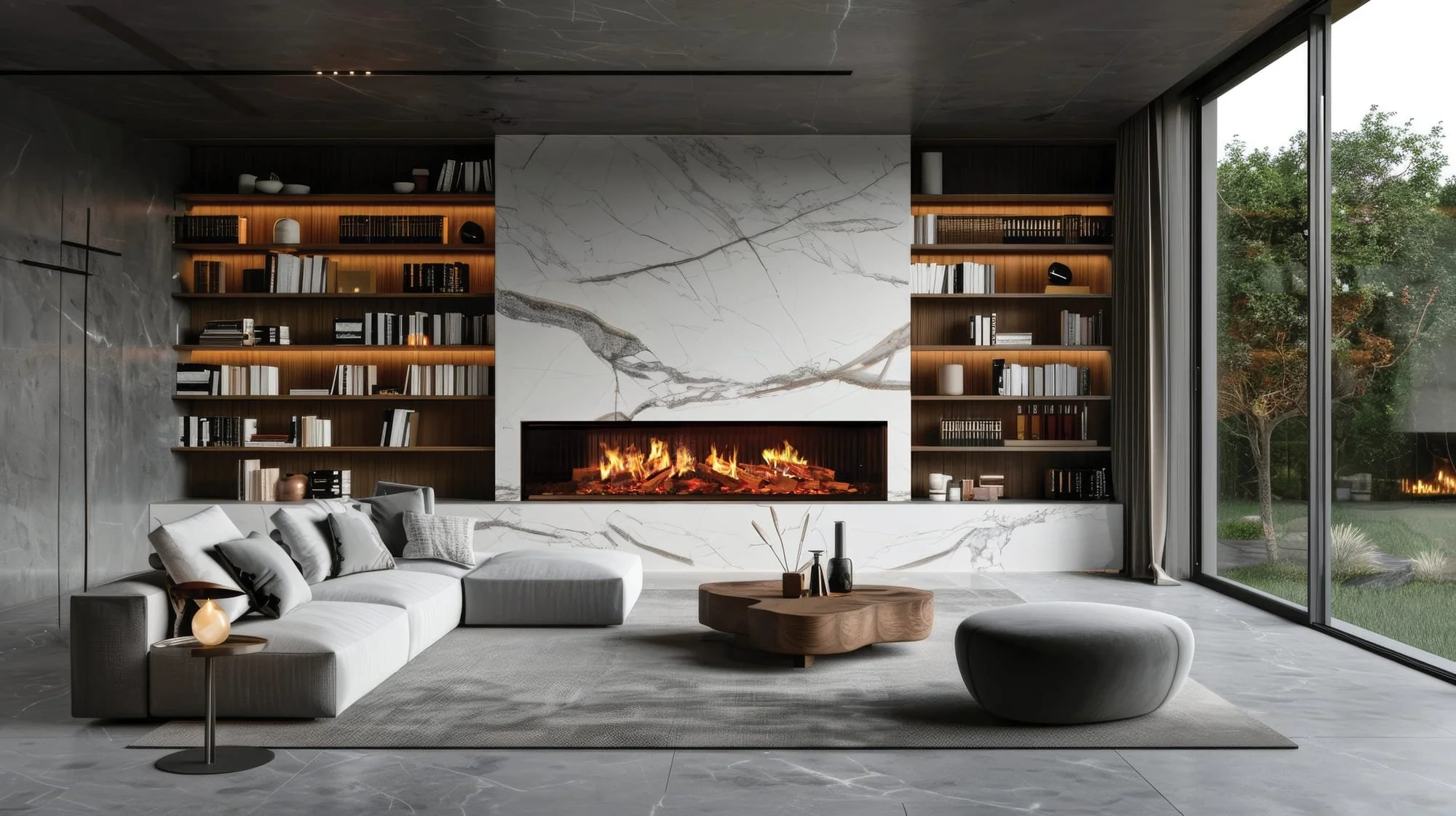 DaVinci linear electric fireplace in a marble wall between lit bookshelves