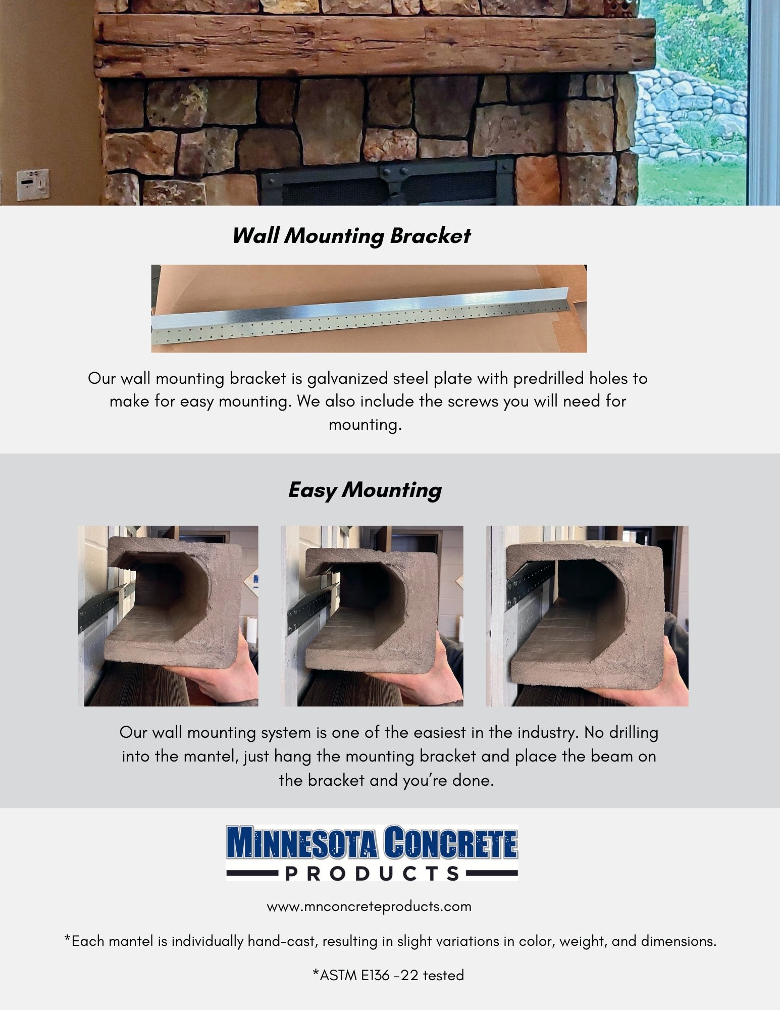 wood-looking mantel with instructions on how to mount it to the wall