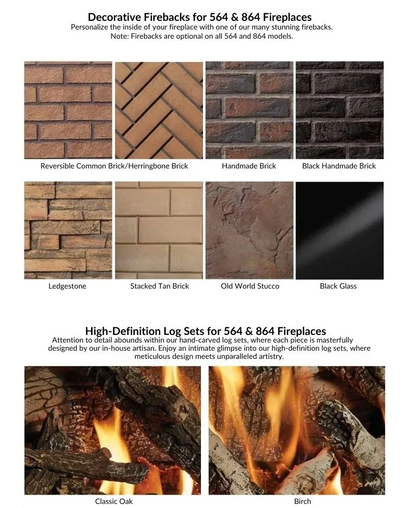 log set and fireback options for 564 and 864 FPX gas fireplaces
