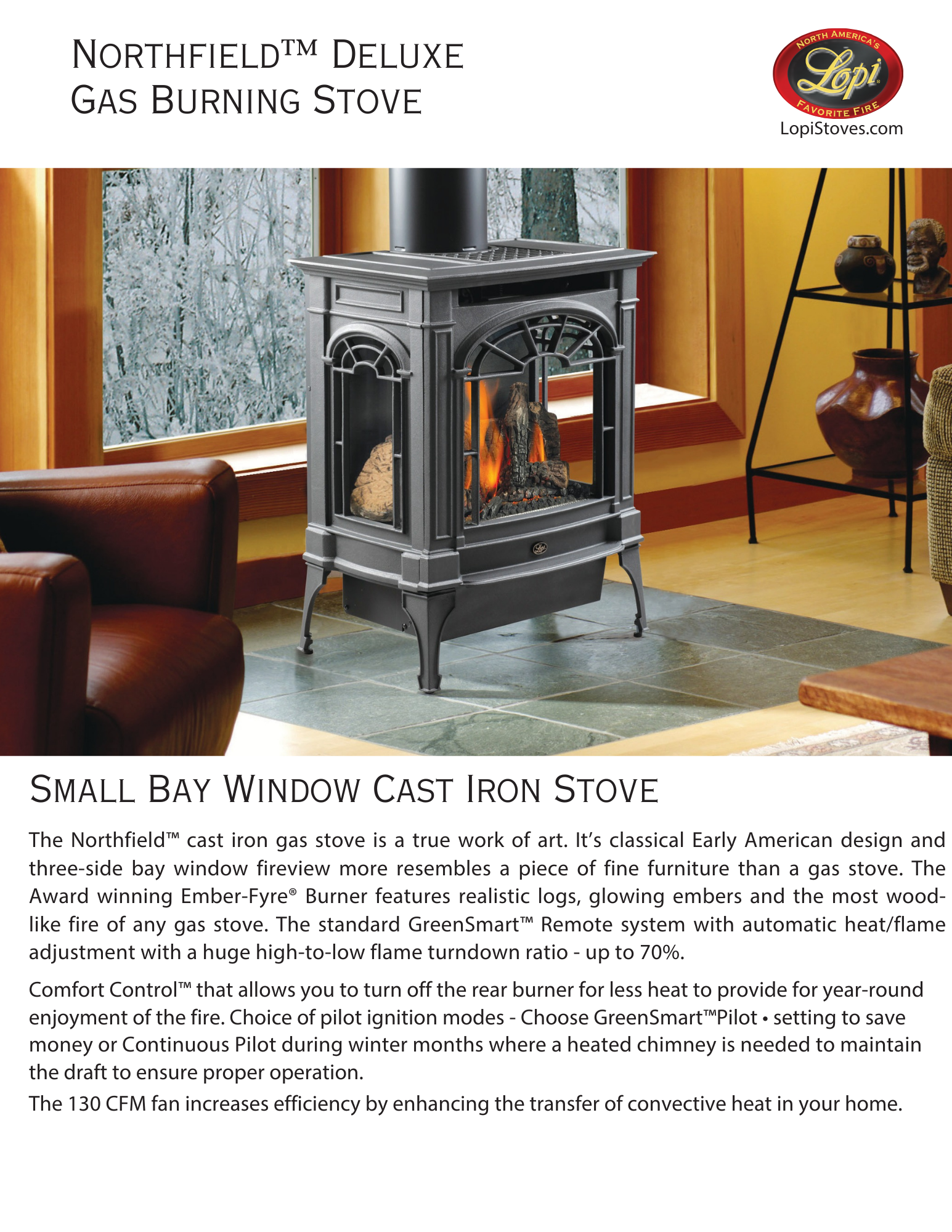 Lopi Northfield gas stove against windows