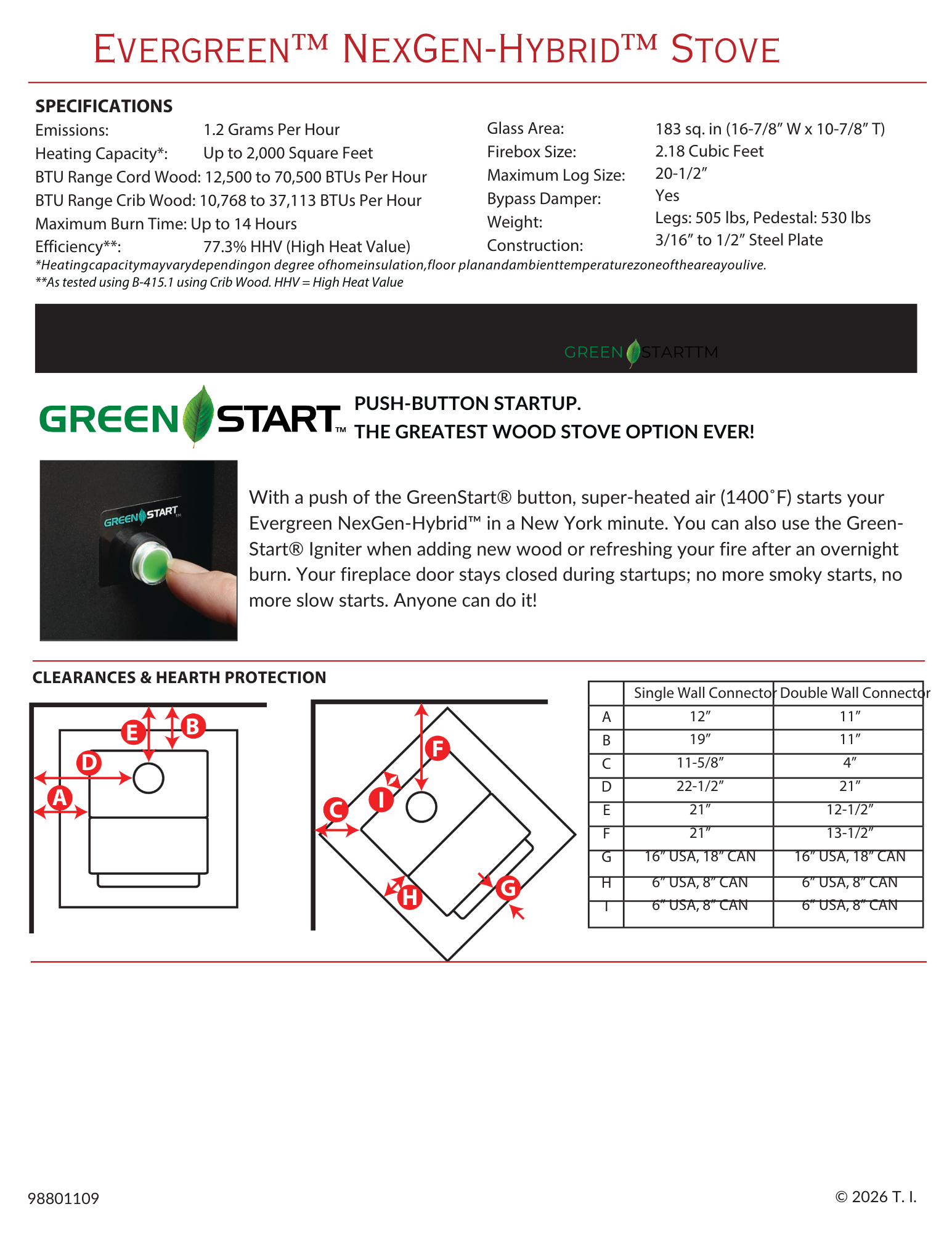 Specifications and clearances for the Lopi Evergreen wood stove