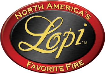 Logo for North America's Lopi, labeled as Favorite Fire, featuring a black oval background with red border and gold text.