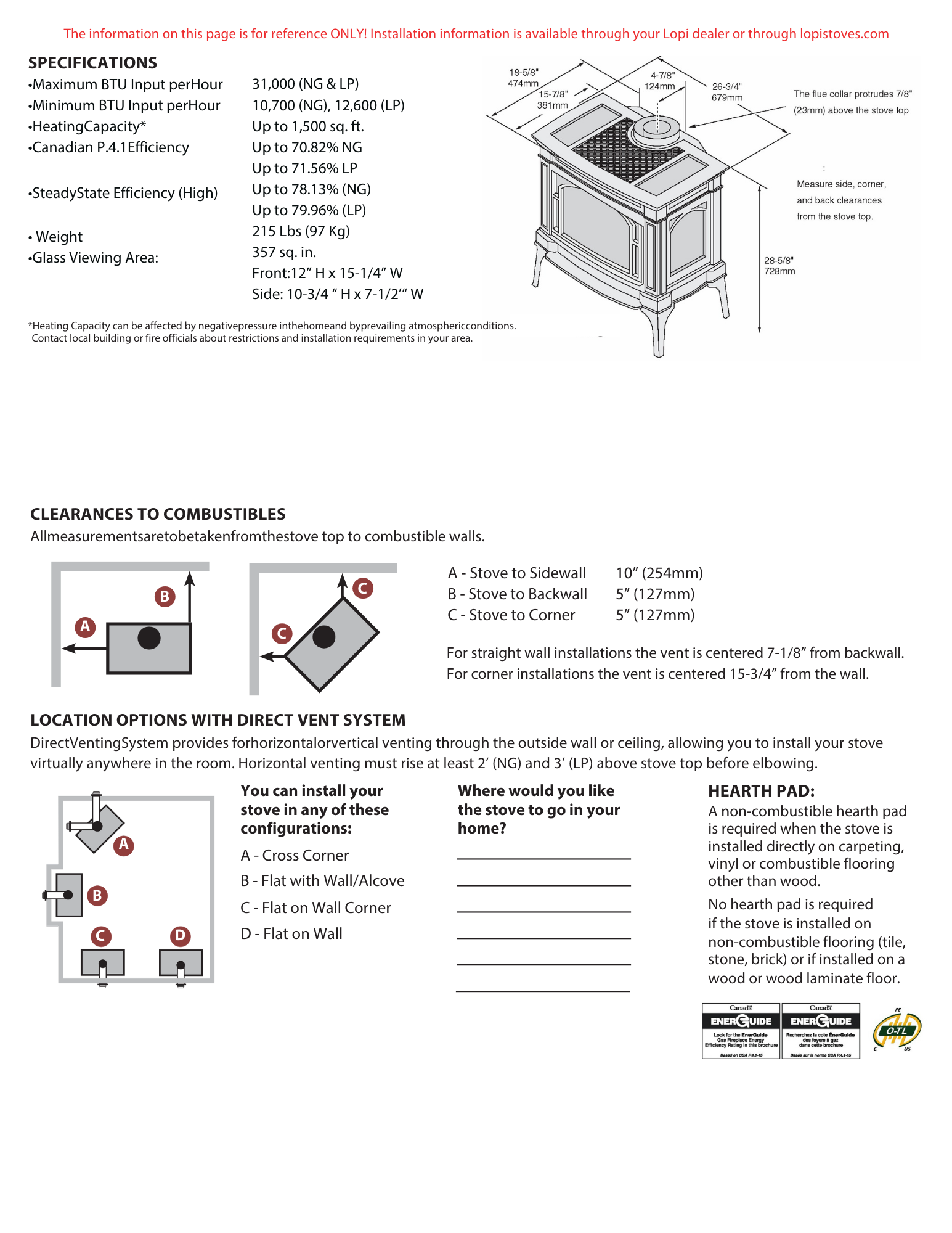 Specifications and clearances for the Lopi Berkshire Deluxe gas stove