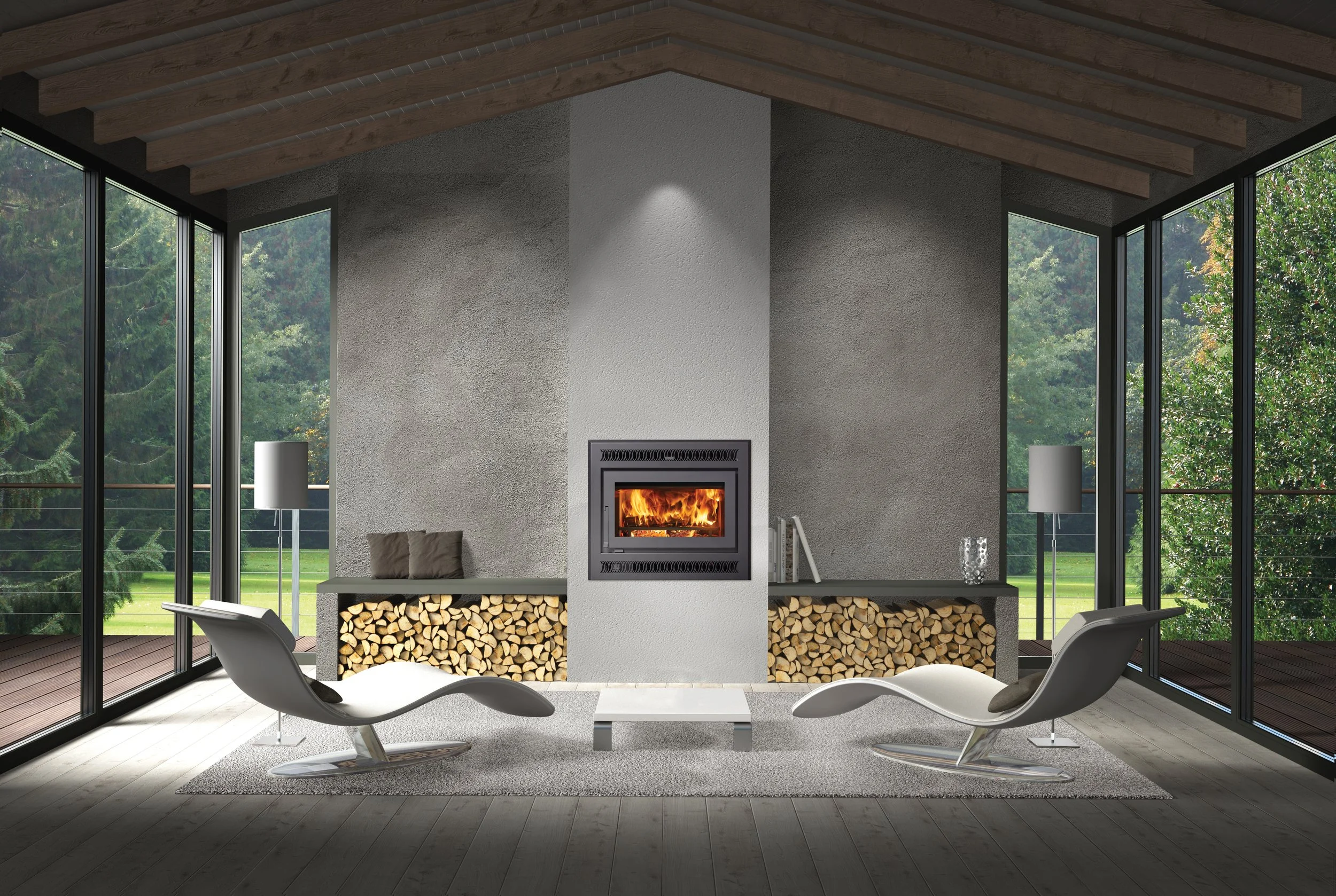 wood fireplace with glass windows around it and wood stacked below it