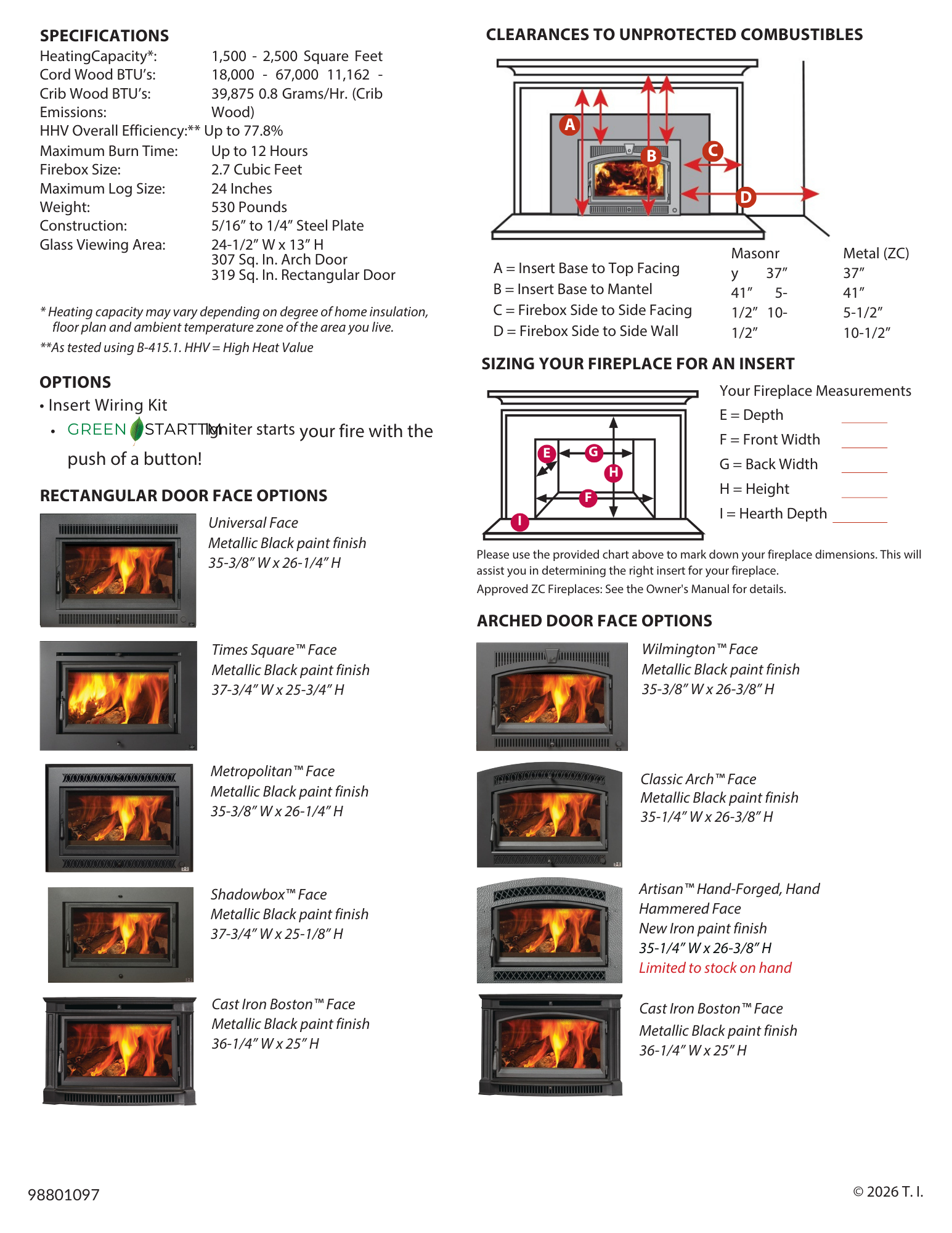 Lopi Large Flush wood insert specifications including heating capacity, BTU output, efficiency ratings, and minimum fireplace dimensions