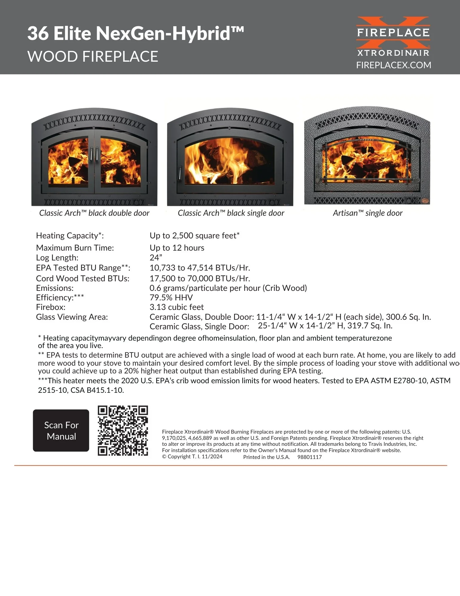specifications for the FPX 36 Elite wood fireplace