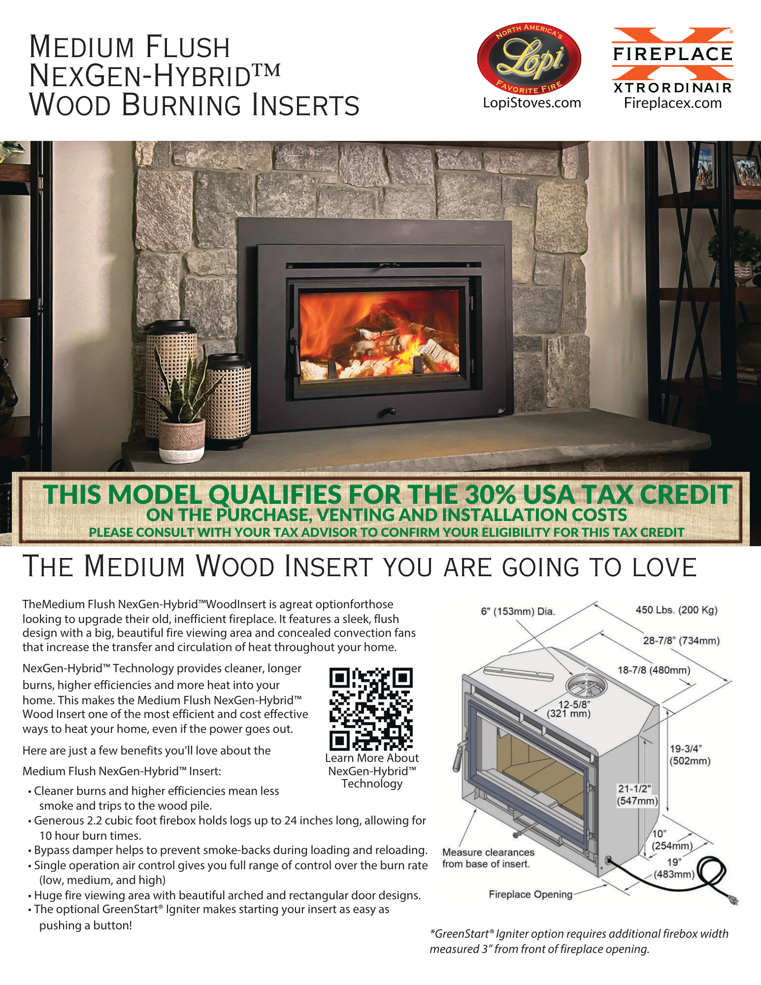 Lopi Medium Flush wood insert in rock wall with plant beside it and description of it below