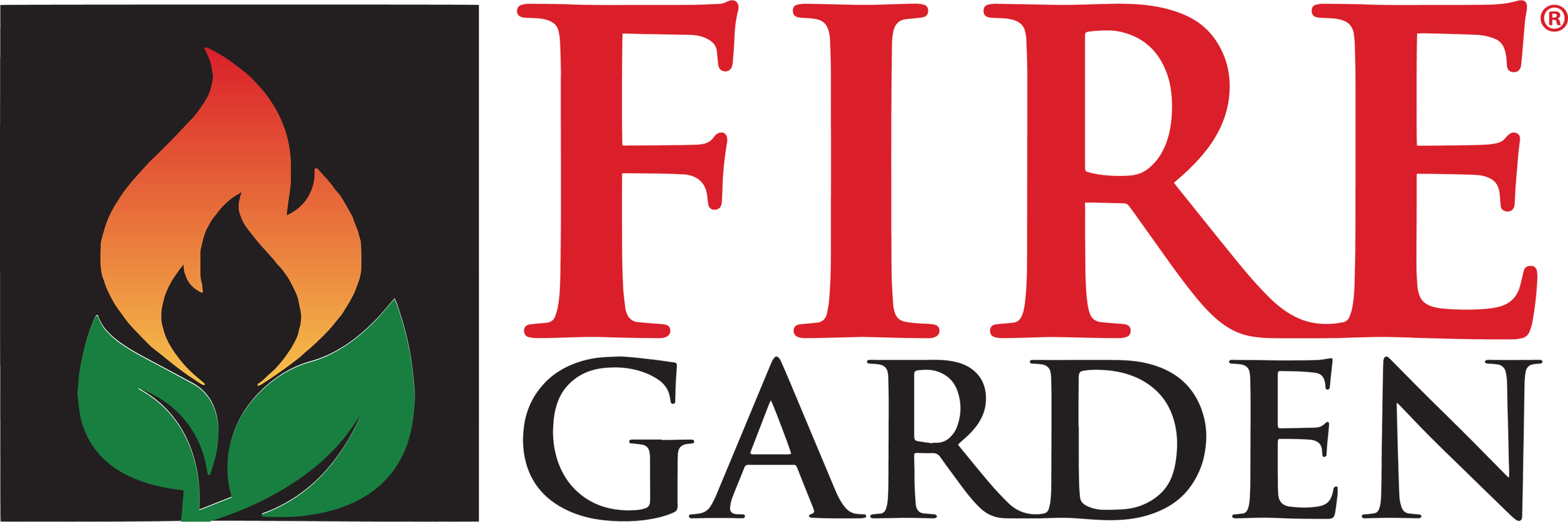 Logo for Fire Garden featuring a stylized flame in orange and yellow, above green leaves, with the words "FIRE GARDEN" in large red and black text.