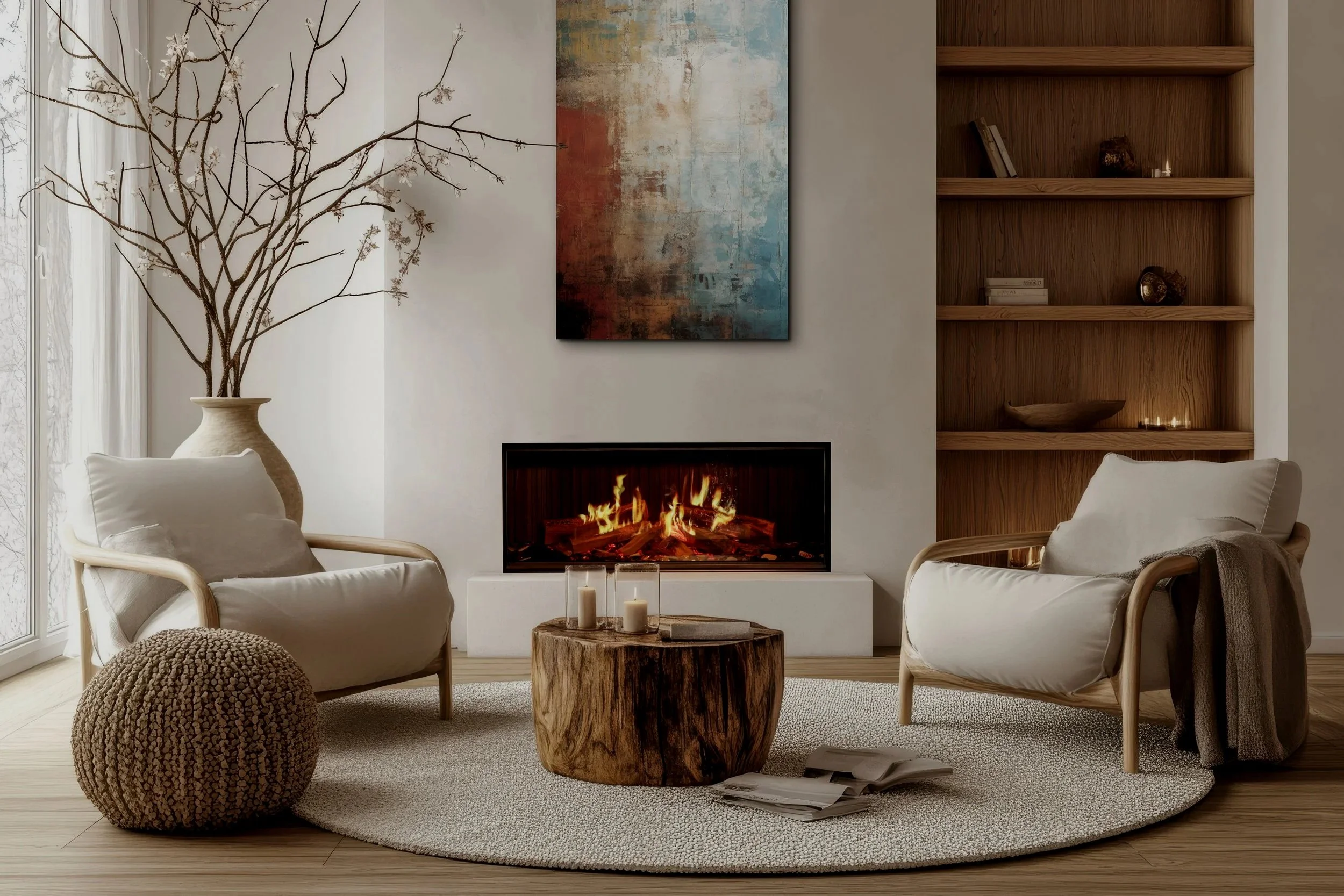 electric fireplace in a modern living area with wall art above