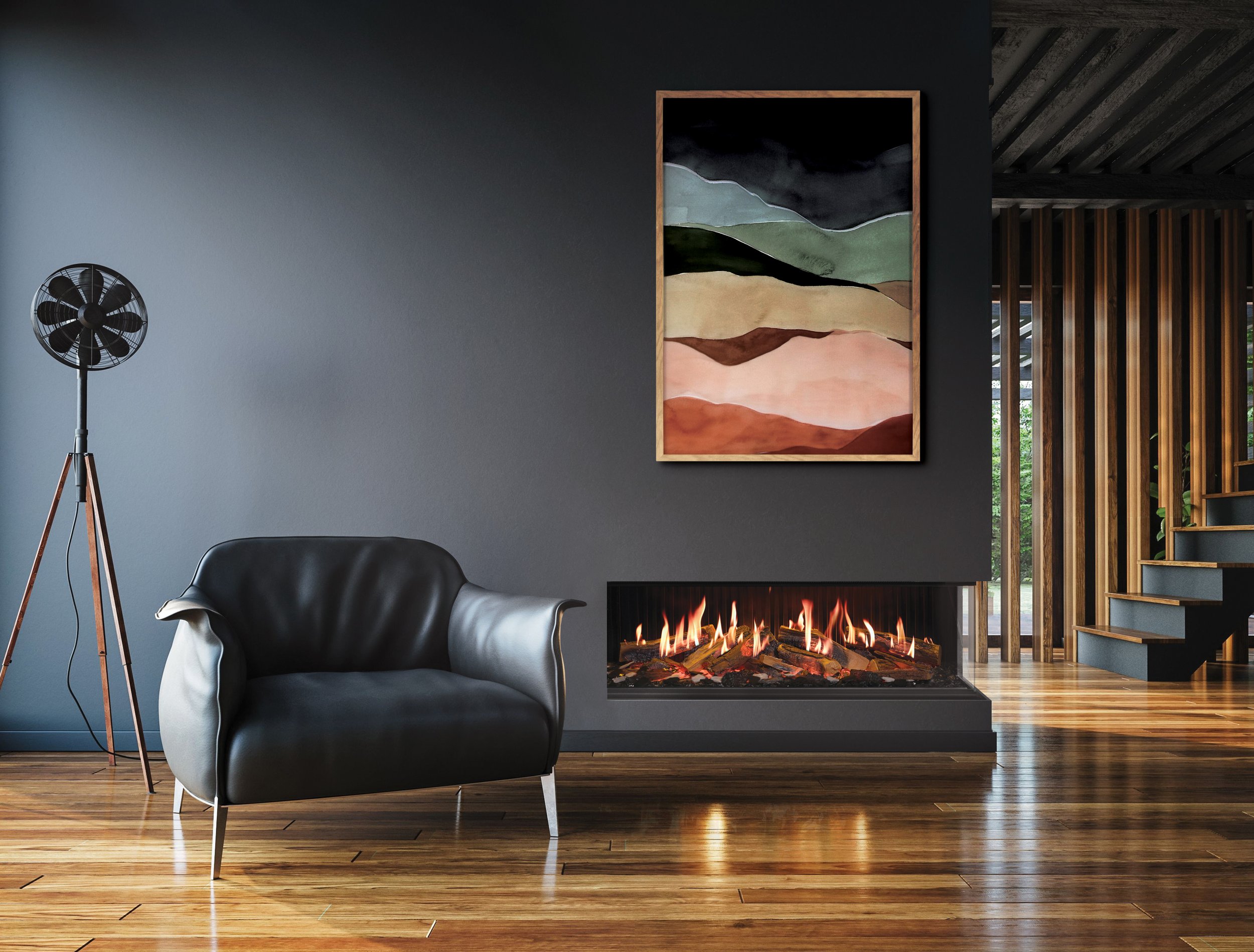 right corner davinci electric fireplace with black chair beside it