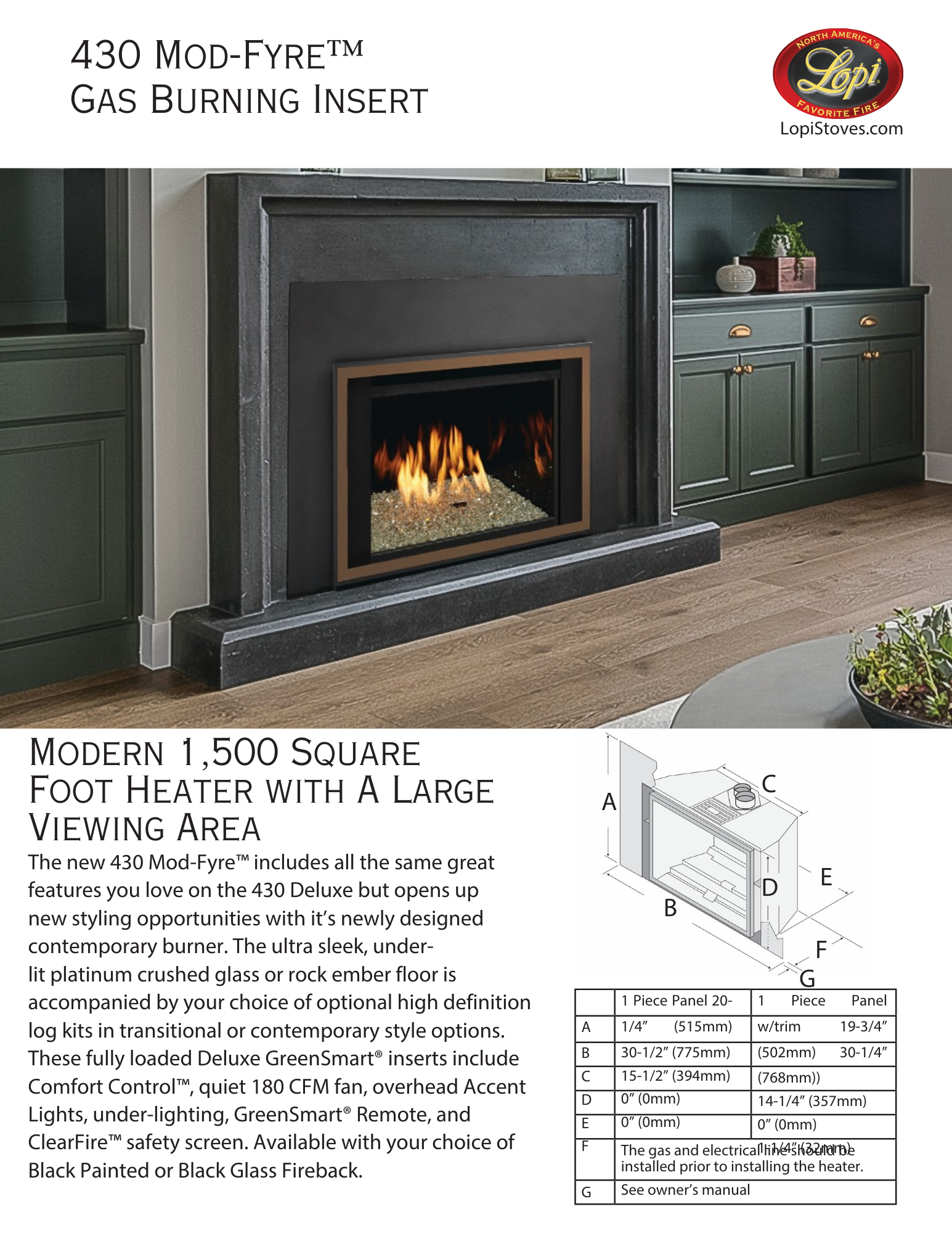 gas insert with dark green shelves on either side with description of the heater underneath