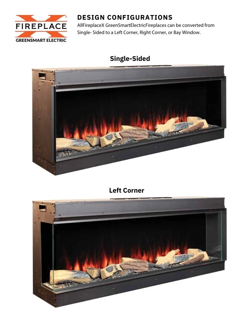 single sided and left corner configuration for fpx electric fireplaces