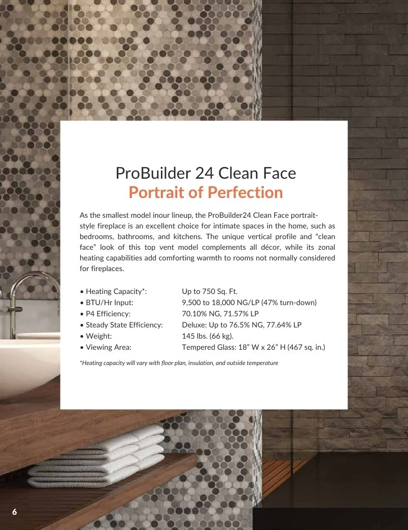 specifications for probuilder 24 clean face gas fireplace