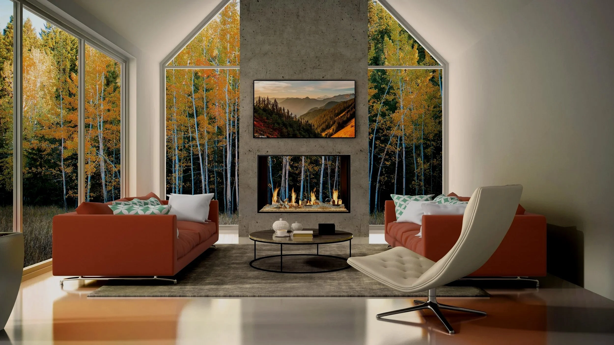 see-thru fireplace in an outdoor living space with fall colored trees in the background