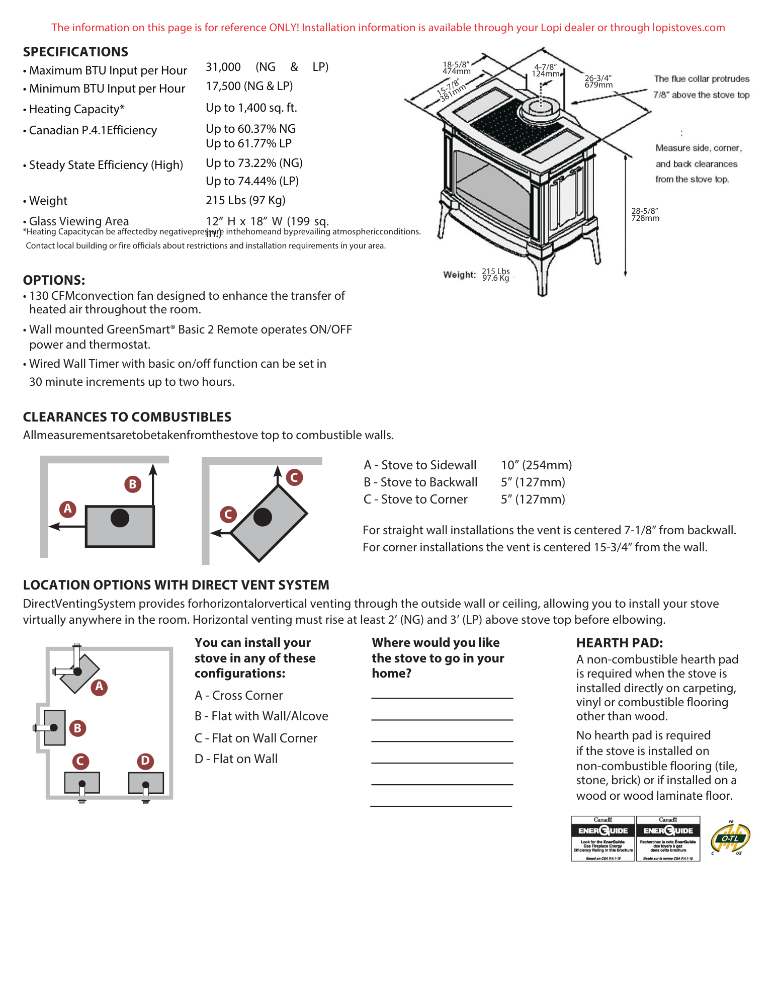 Specifications and clearances for the Lopi Berkshire MV gas stove