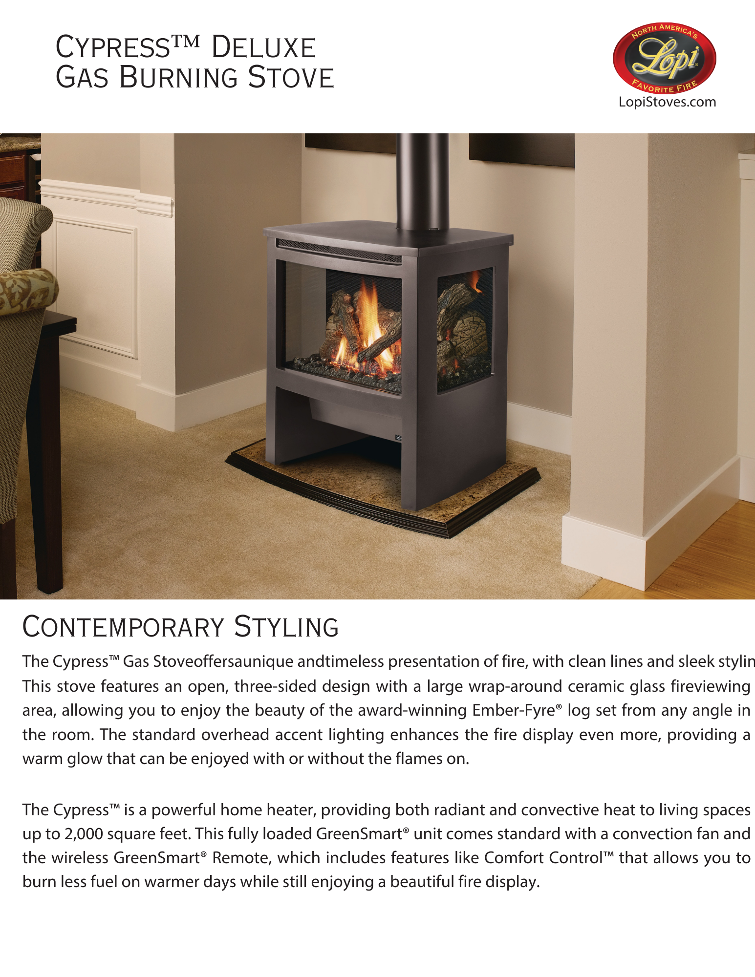 Lopi Cypress gas stove with description below the pic