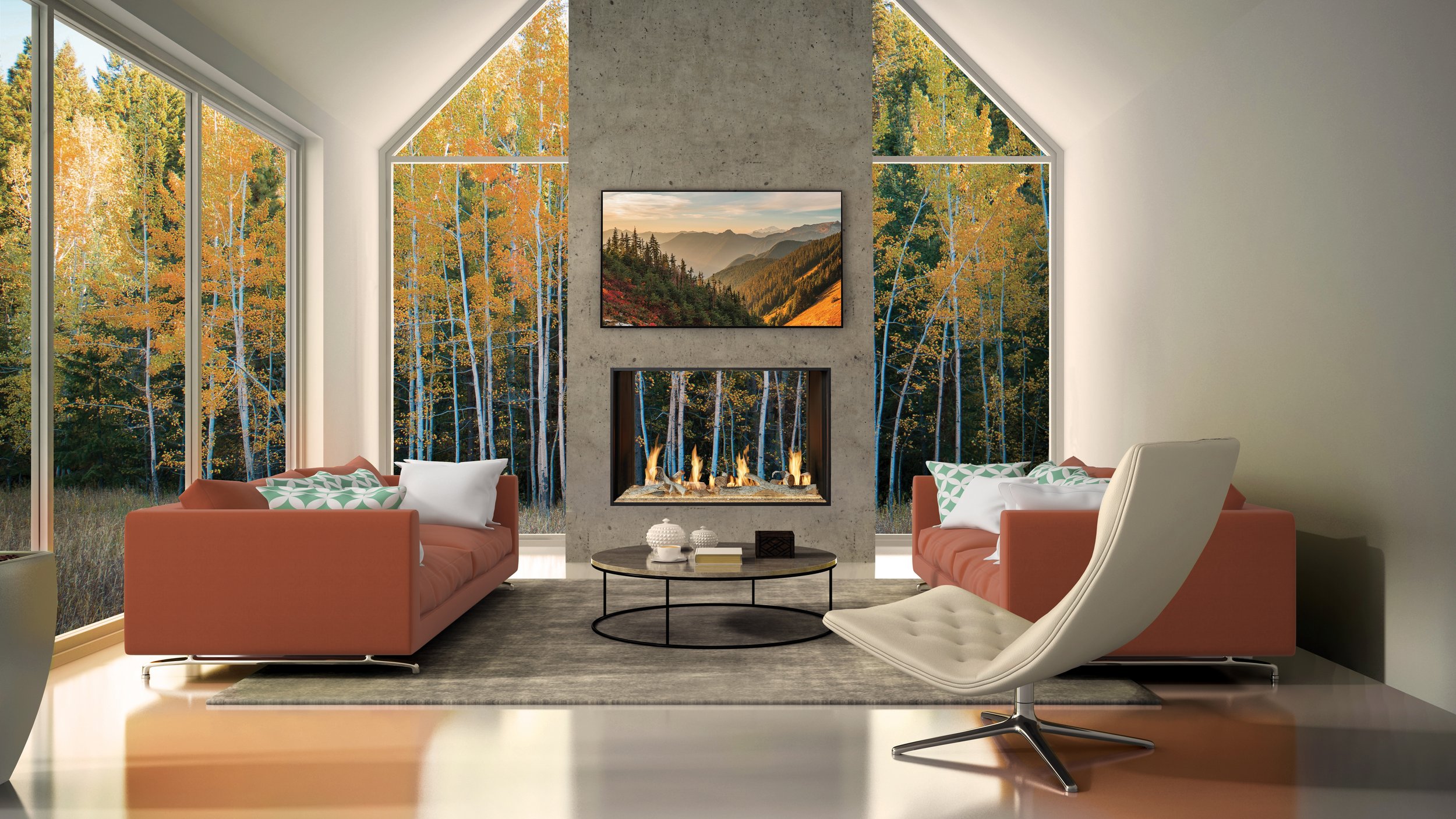 see-thru luxury fireplace in an outdoor living space with fall trees in the background