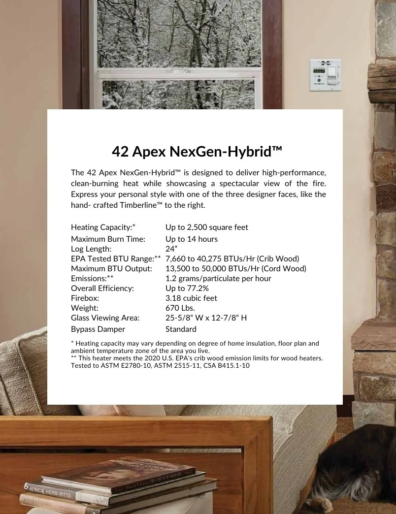 specifications for the FPX 42 APEX wood fireplace