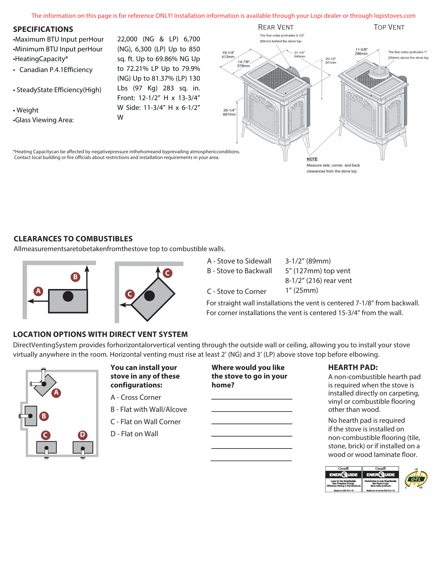 Specifications and clearances for the Lopi Northfield gas stove
