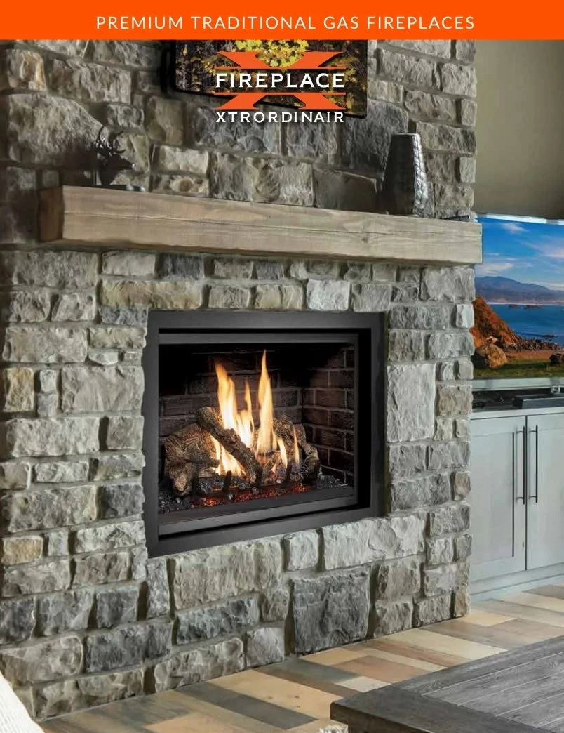 gas fireplace in rock wall with wood mantel above
