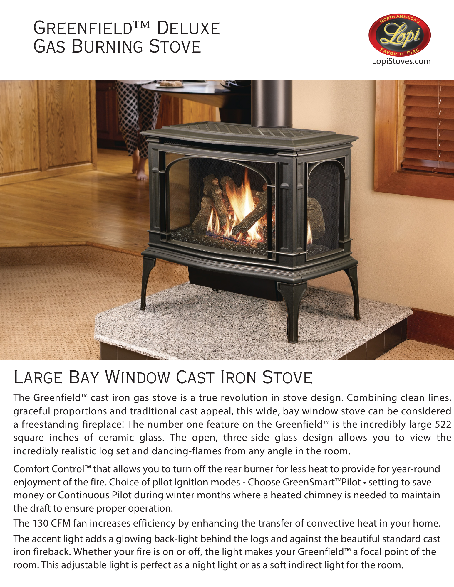 Lopi Greenfield Deluxe gas stove on a granite hearth pad