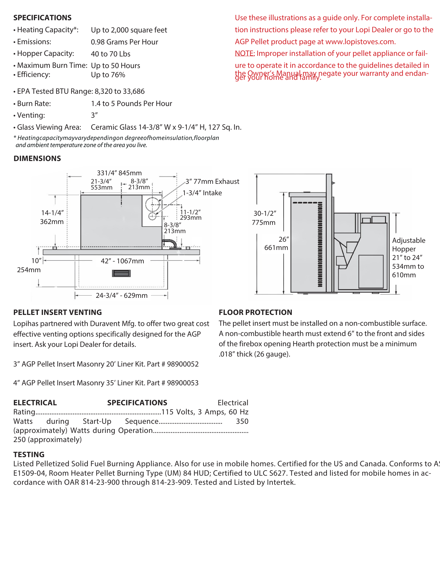 Technical diagram and specifications for a pellet stove, including dimensions, venting, pellet insert venting, floor protection, and electrical requirements.