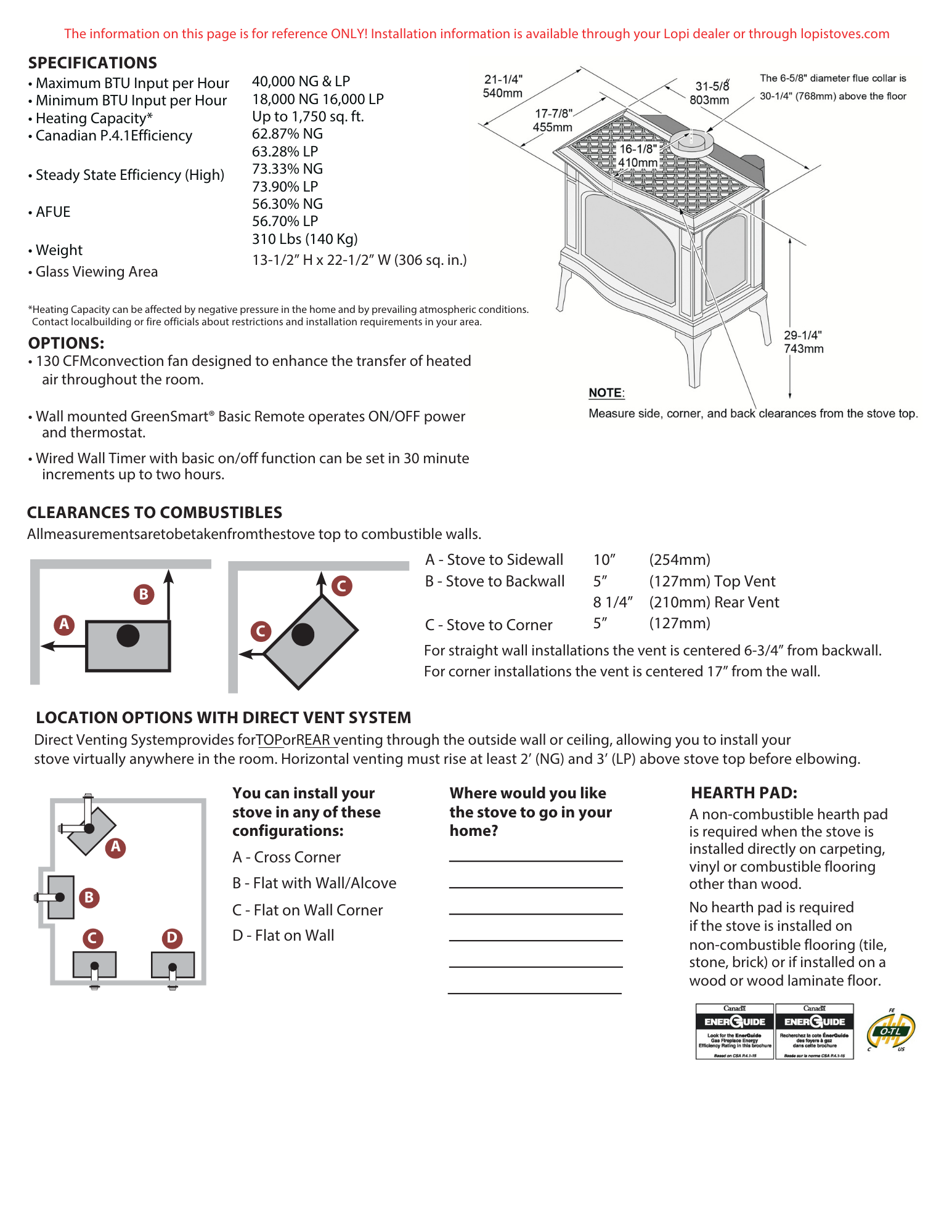 Specifications and clearances for the Lopi Greenfield gas stove