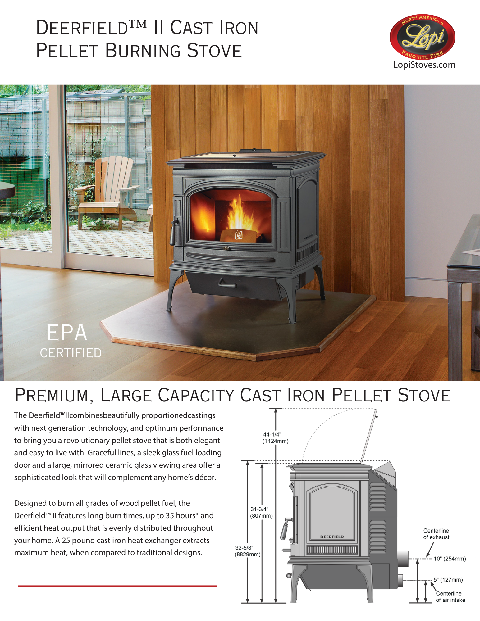 The Lopi Deerfield pellet stove against a wood wall next to glass doors