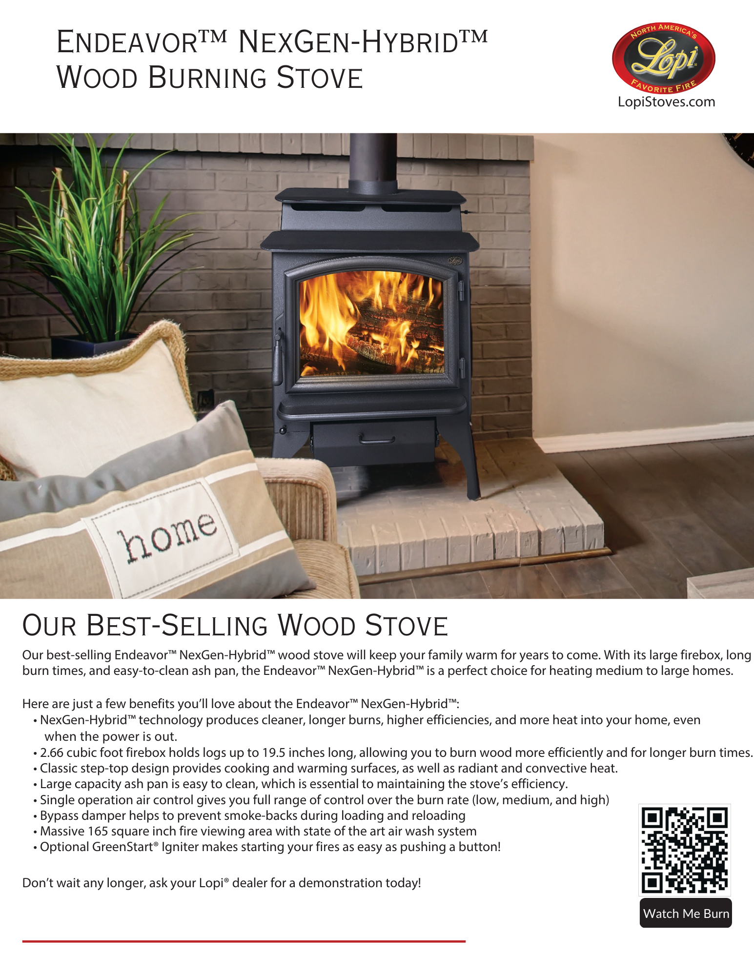 Lopi Endeavor wood stove on brick hearth