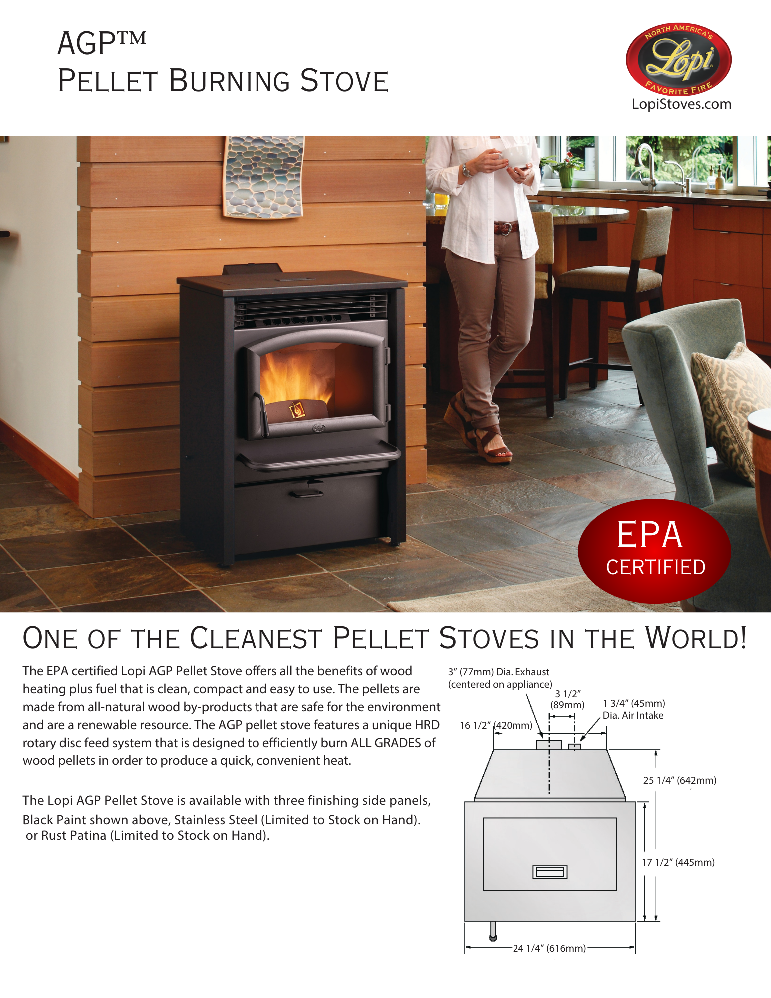 Lopi AGP pellet stove in dining room area on tile floor