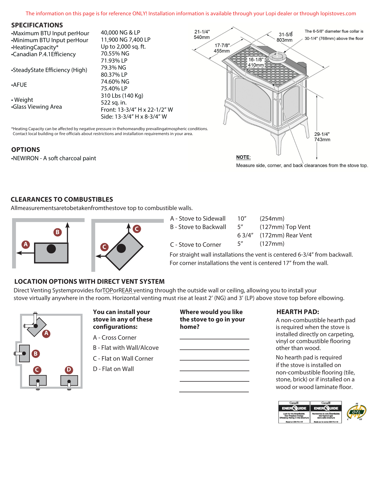 Specifications and clearances for the Lopi Greenfield gas stove
