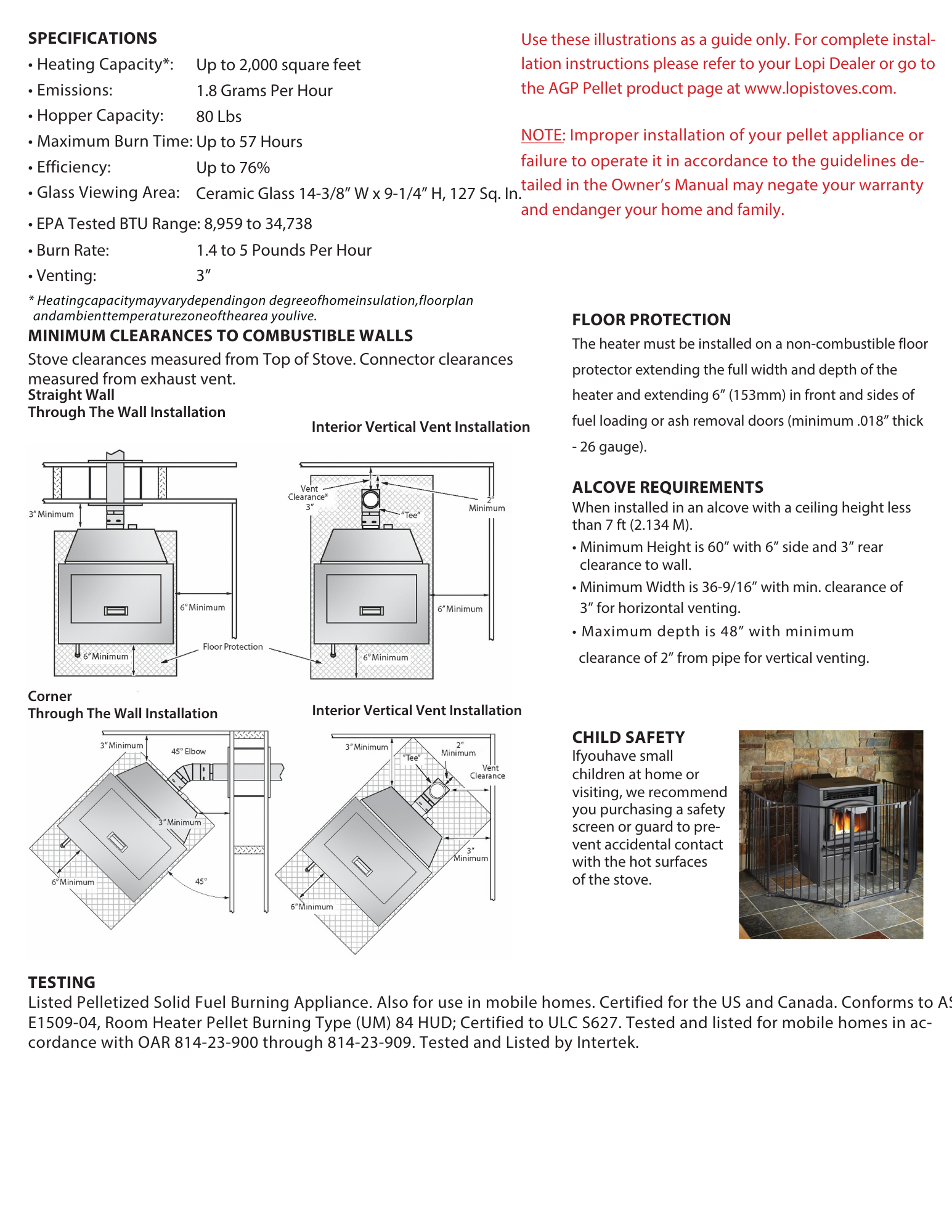 specifications for the Lopi AGP pellet stove