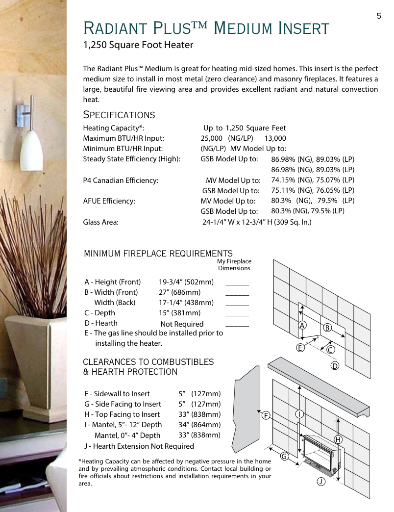 Lopi Radiant Plus gas insert specifications including heating capacity, BTU output, efficiency ratings, and minimum fireplace dimensions