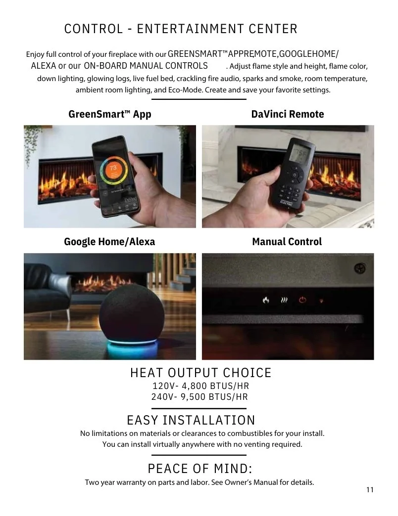 Control options for DaVinci Electric fireplaces