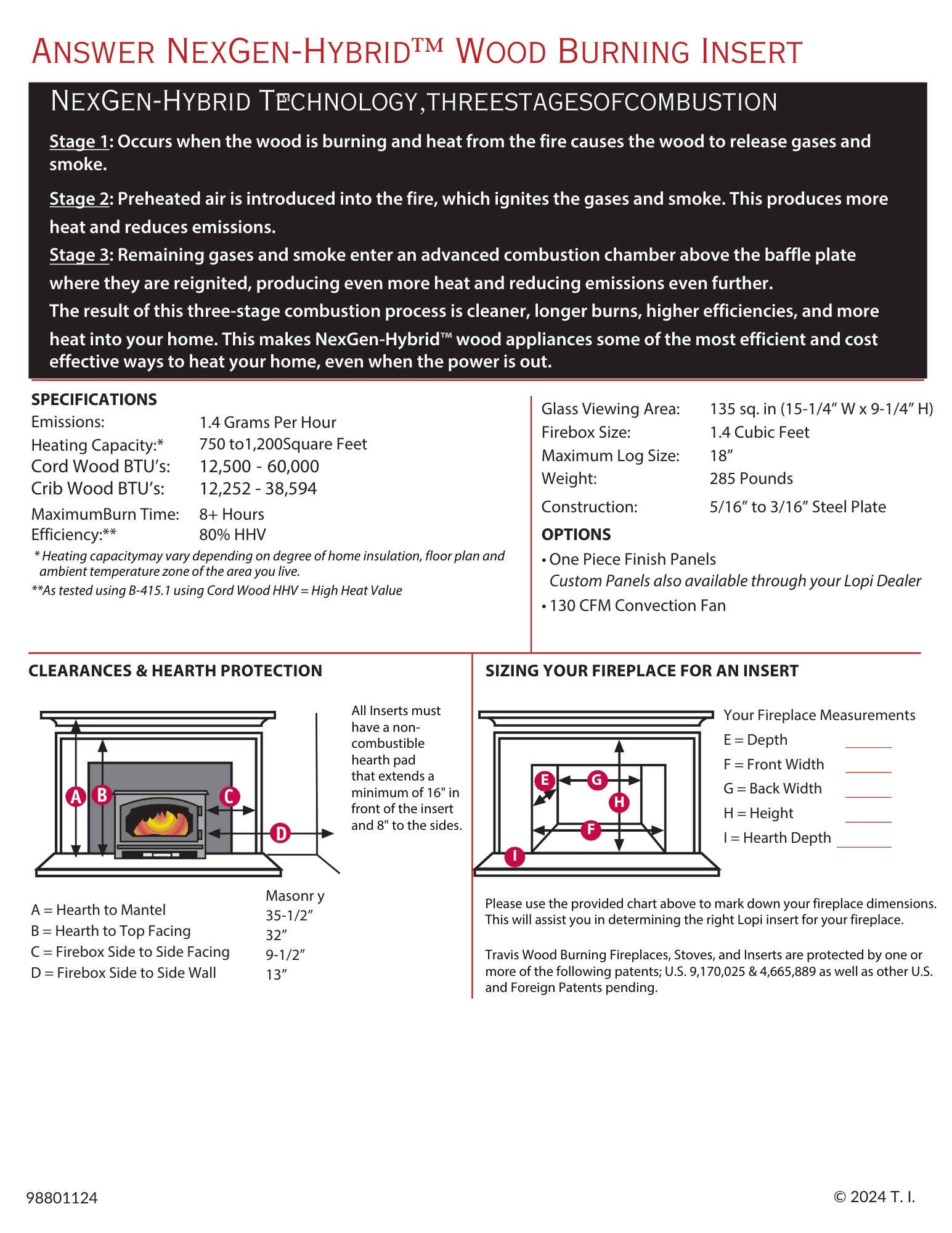 Lopi Answer wood insert specifications including heating capacity, BTU output, efficiency ratings, and minimum fireplace dimensions