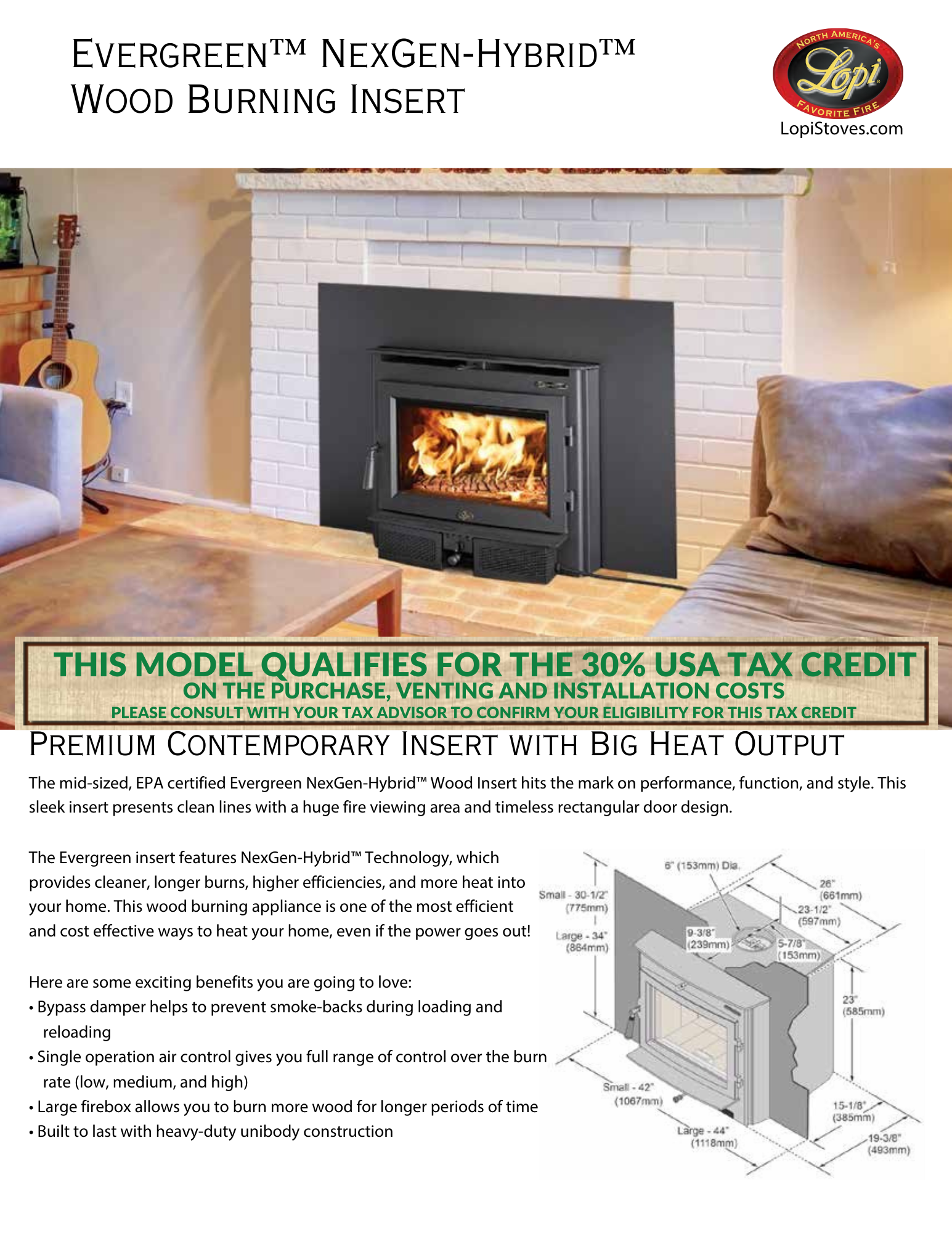 Lopi Evergreen wood insert on a white brick wall with a description of it down below