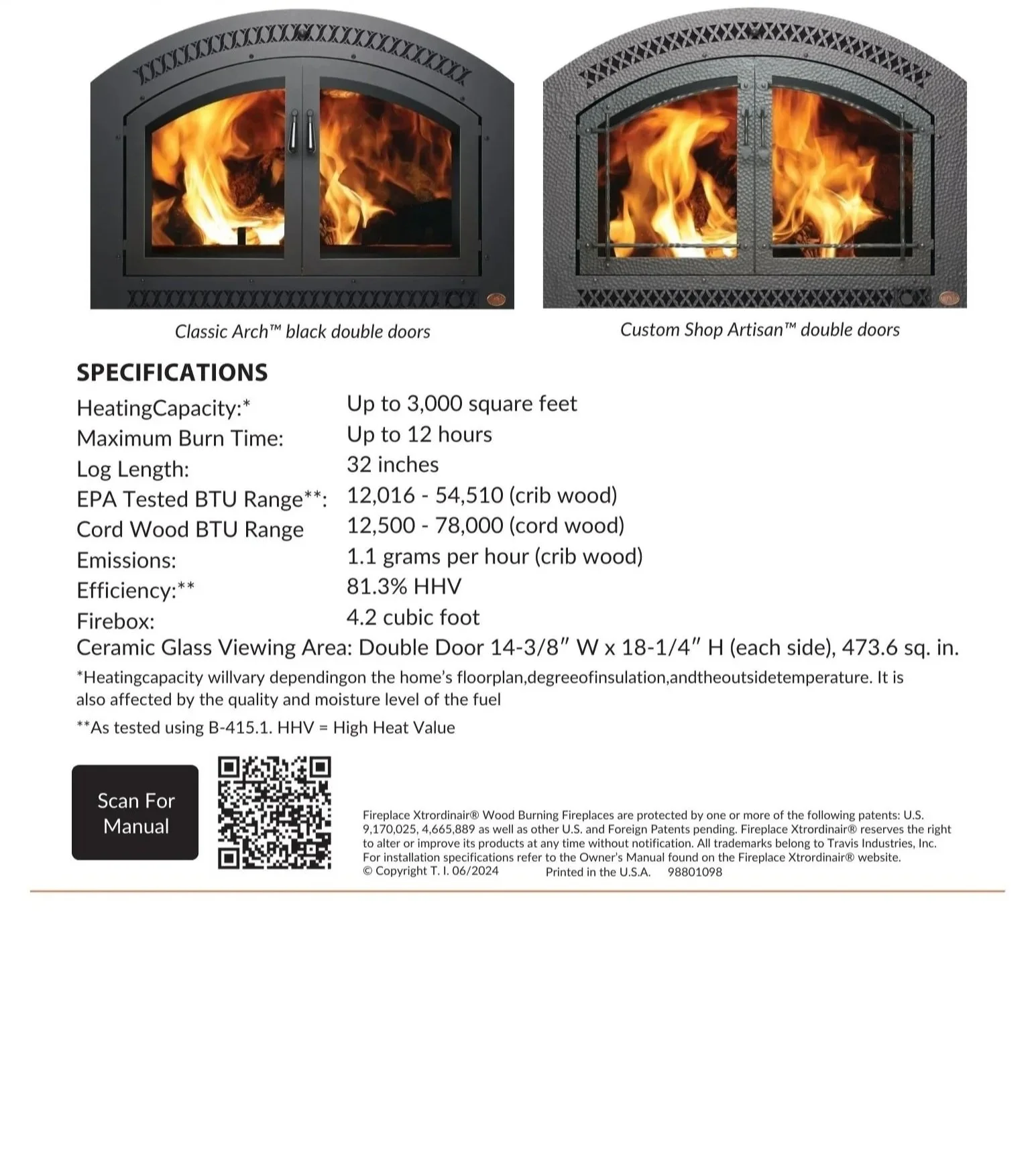 specifications for the FPX 44 Elite wood fireplace