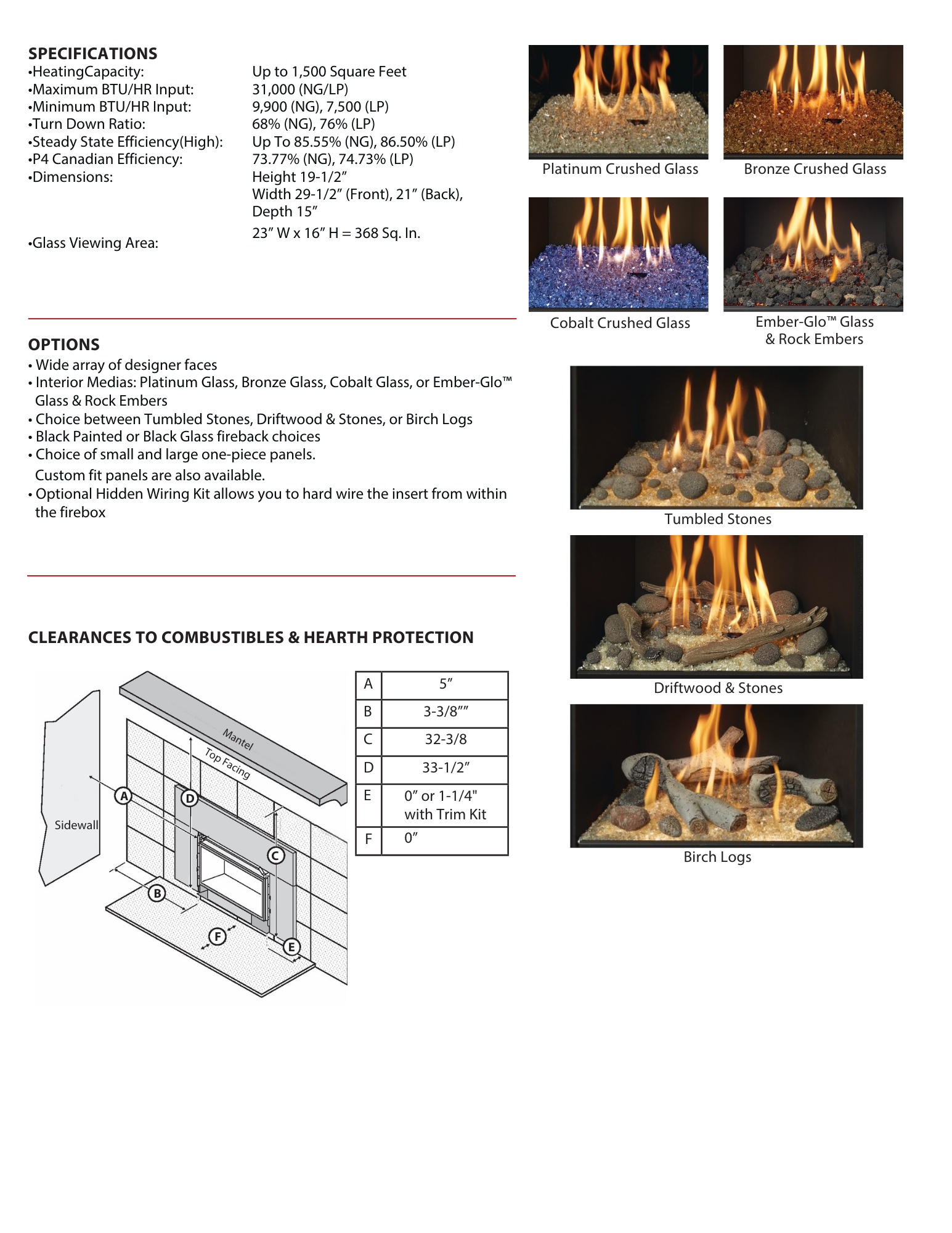 specifications on a 430 gas insert