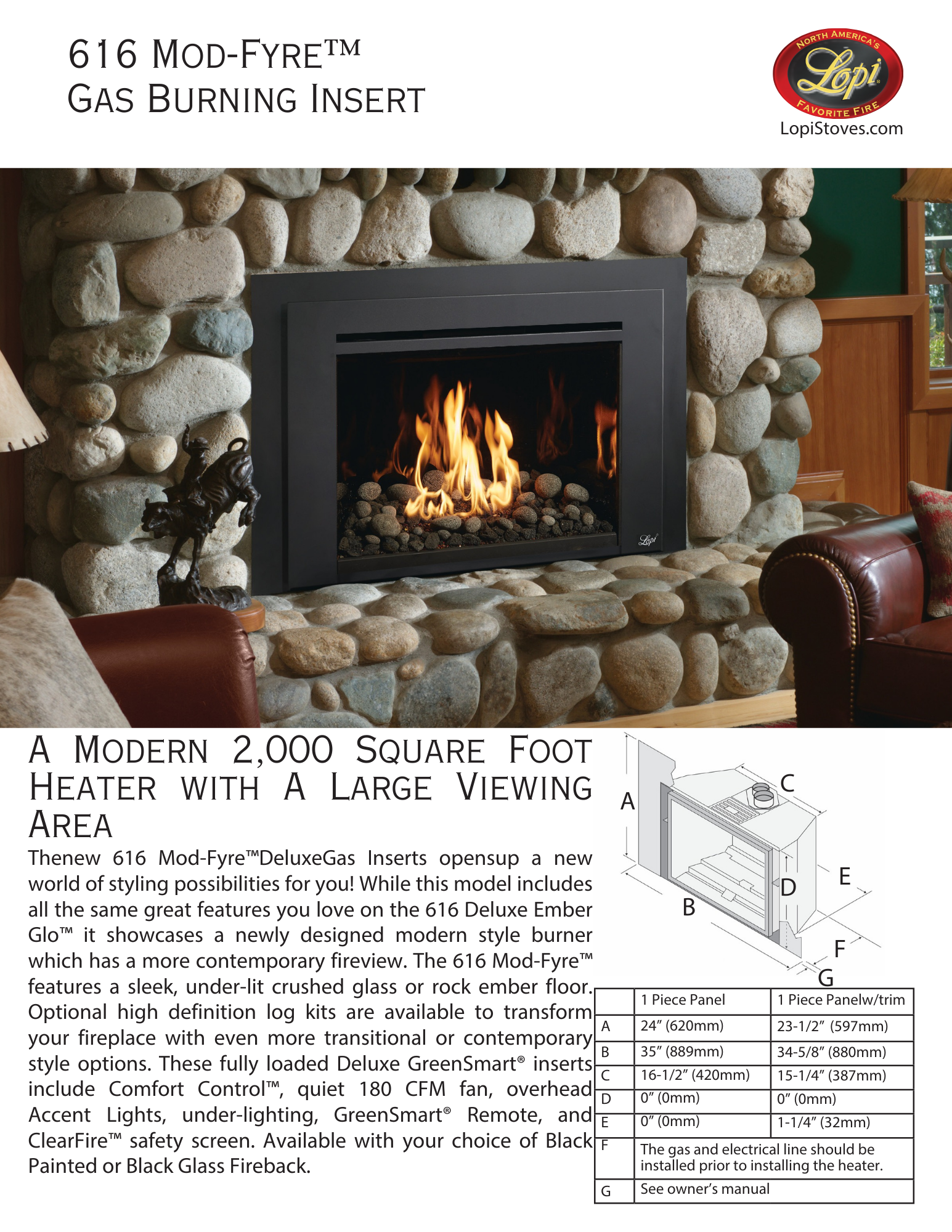 modern fireplace on rock wall with description of it below