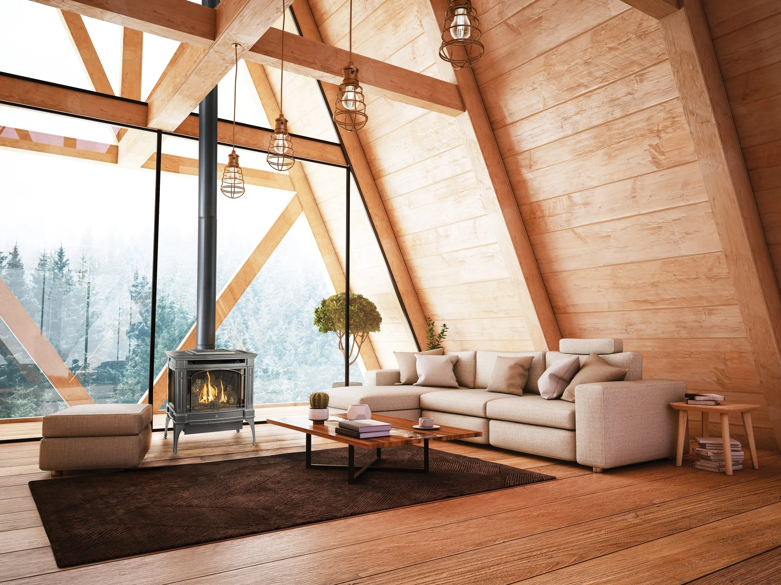 a gas stove in a modern cabin living room against a glass wall