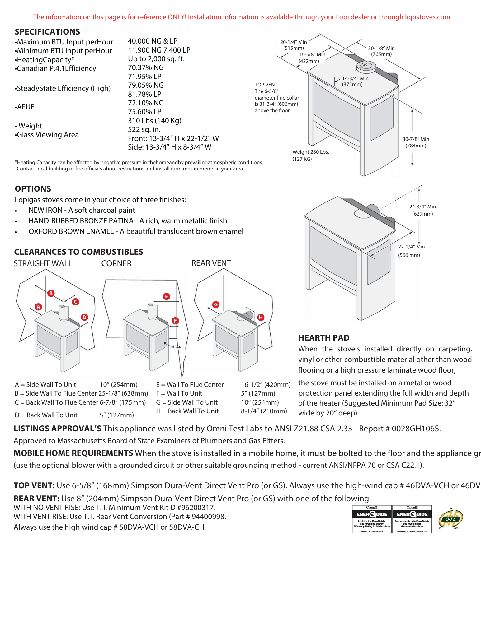 Specifications and clearances for the Lopi Northfield gas stove