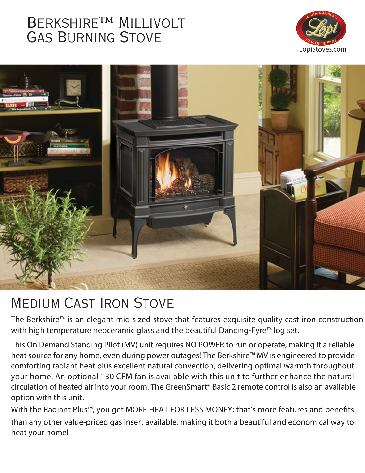 Lopi Berkshire gas stovein living room