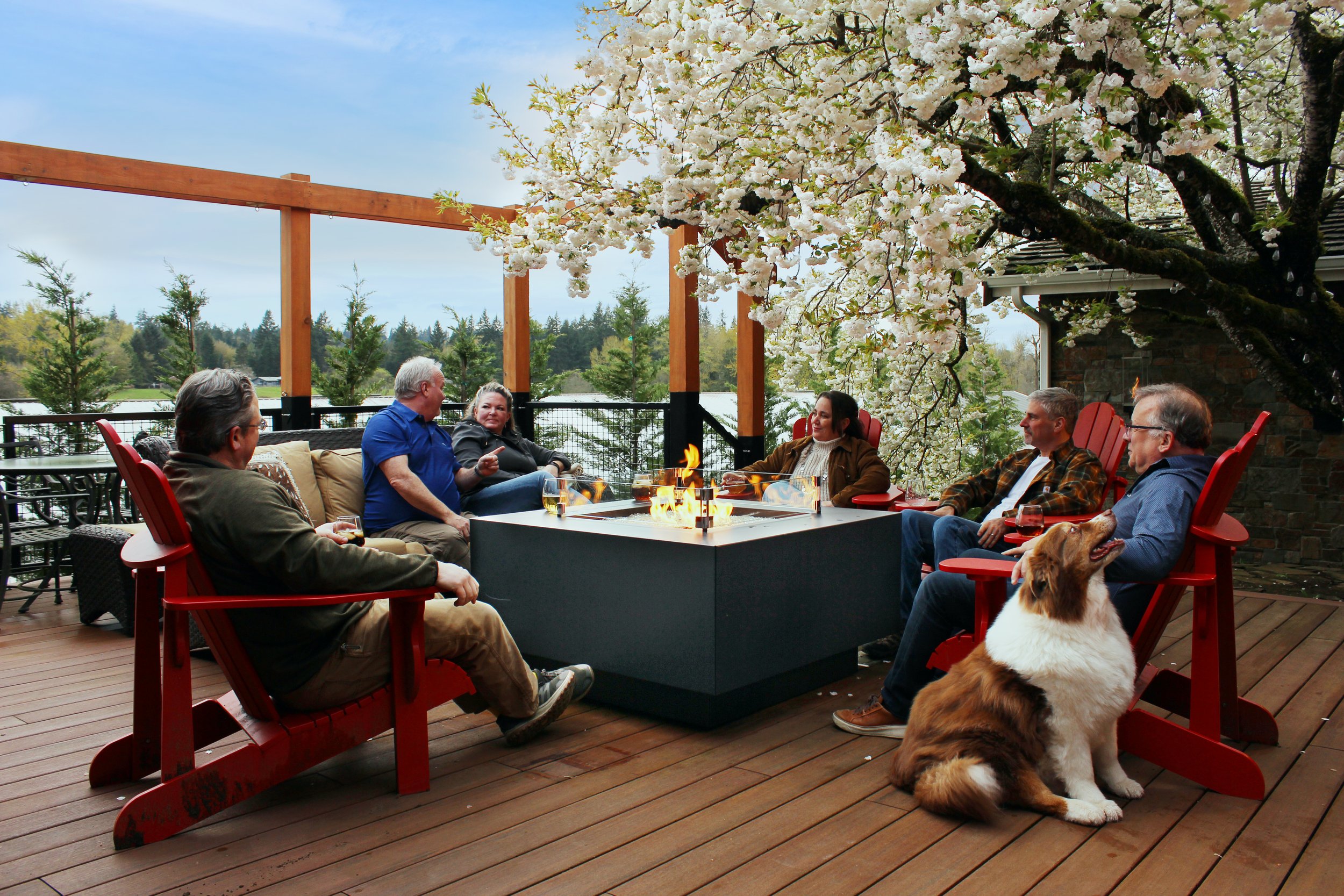 people around a firepit in an outdoor living space