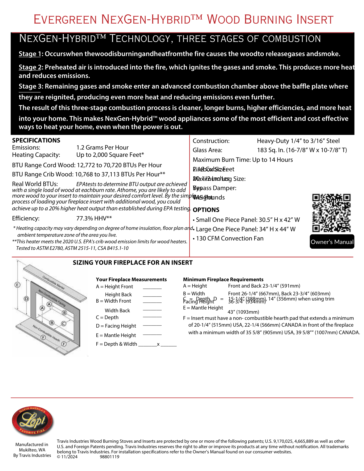 Lopi Evergreen wood insert specifications including heating capacity, BTU output, efficiency ratings, and minimum fireplace dimensions