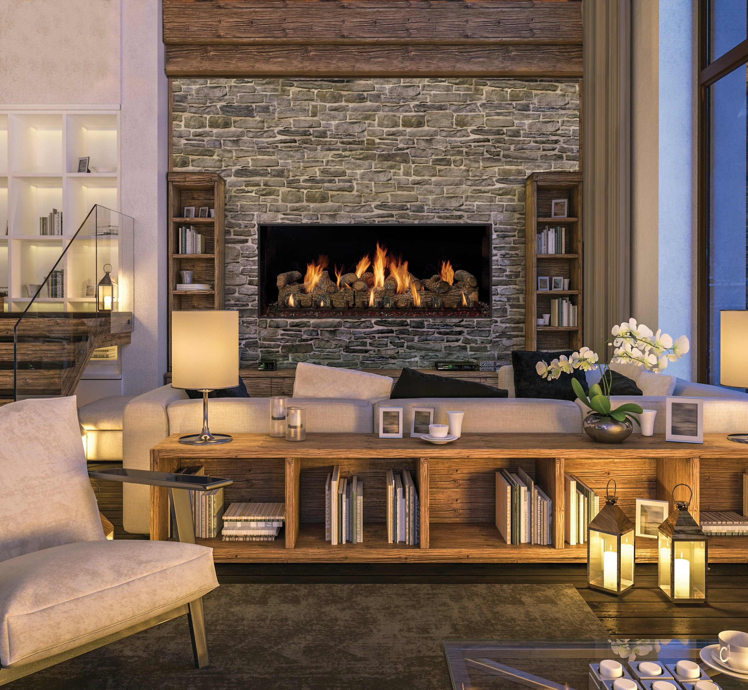 Single Sided DaVinci Timber series gas fireplace in rock wall