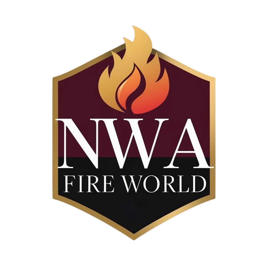 logo for a fireplace store. white lettering and flames
