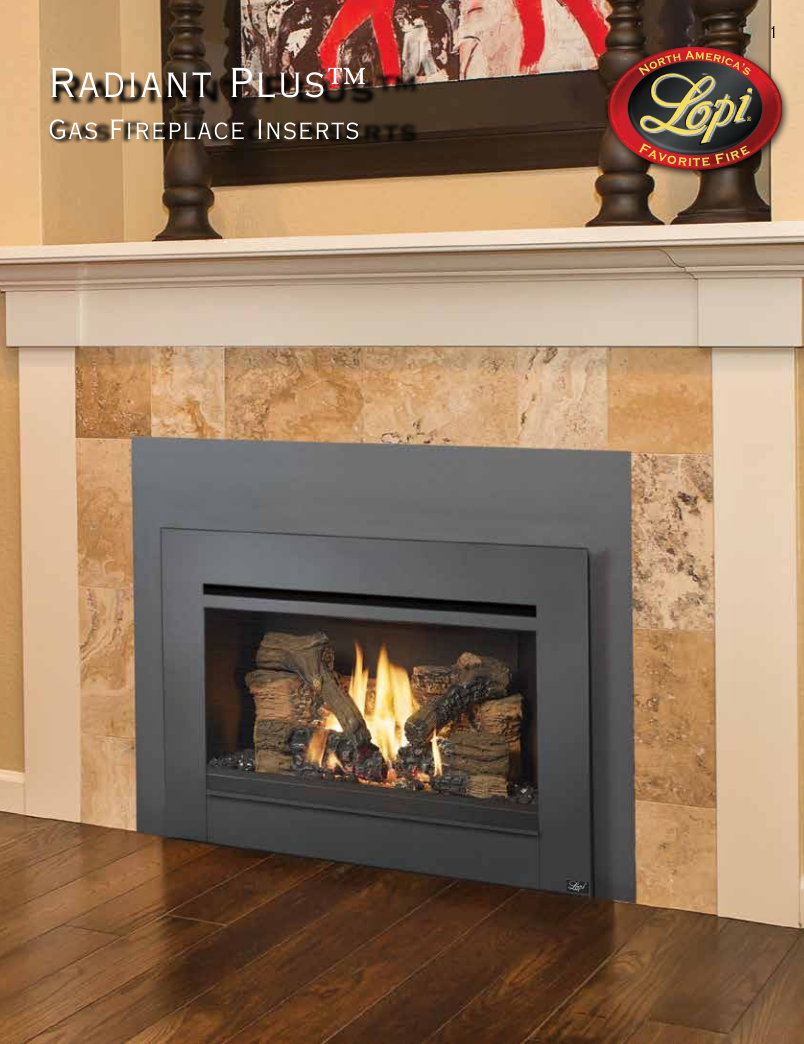 traditional-looking gas fireplace on tile wall with description of it down below