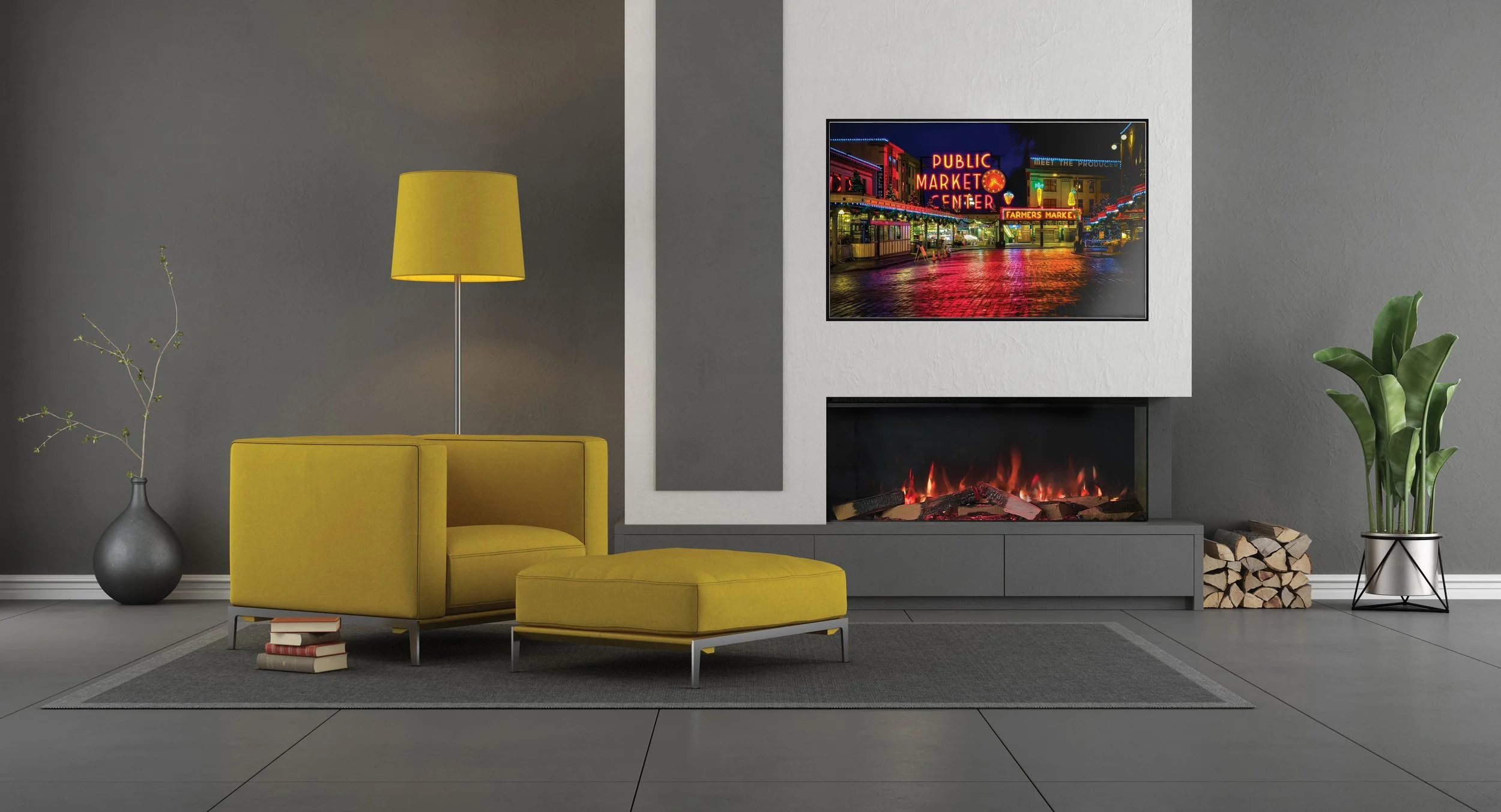 electric fireplace with a city wall art painting above with yellow chair and lamp beside the fireplace